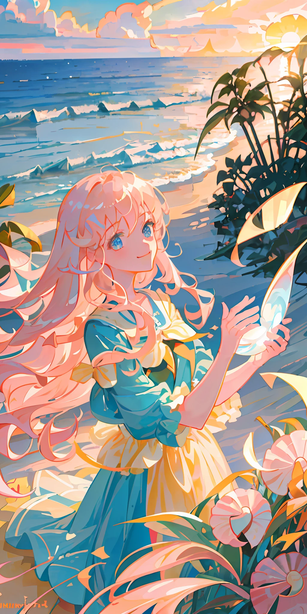 delicate and beautiful CG artwork),(best quality, ultra-detailed, high resolution),(dynamic angle, dynamic lighting),(1 character),(long wavy pink and blonde hair), blue eyes, beautiful face), 1 girl, (long sideburns, plants, smile, long blue dress, 3 d, ocean, water, beach ball, sea shells, sunny, windy, sunset