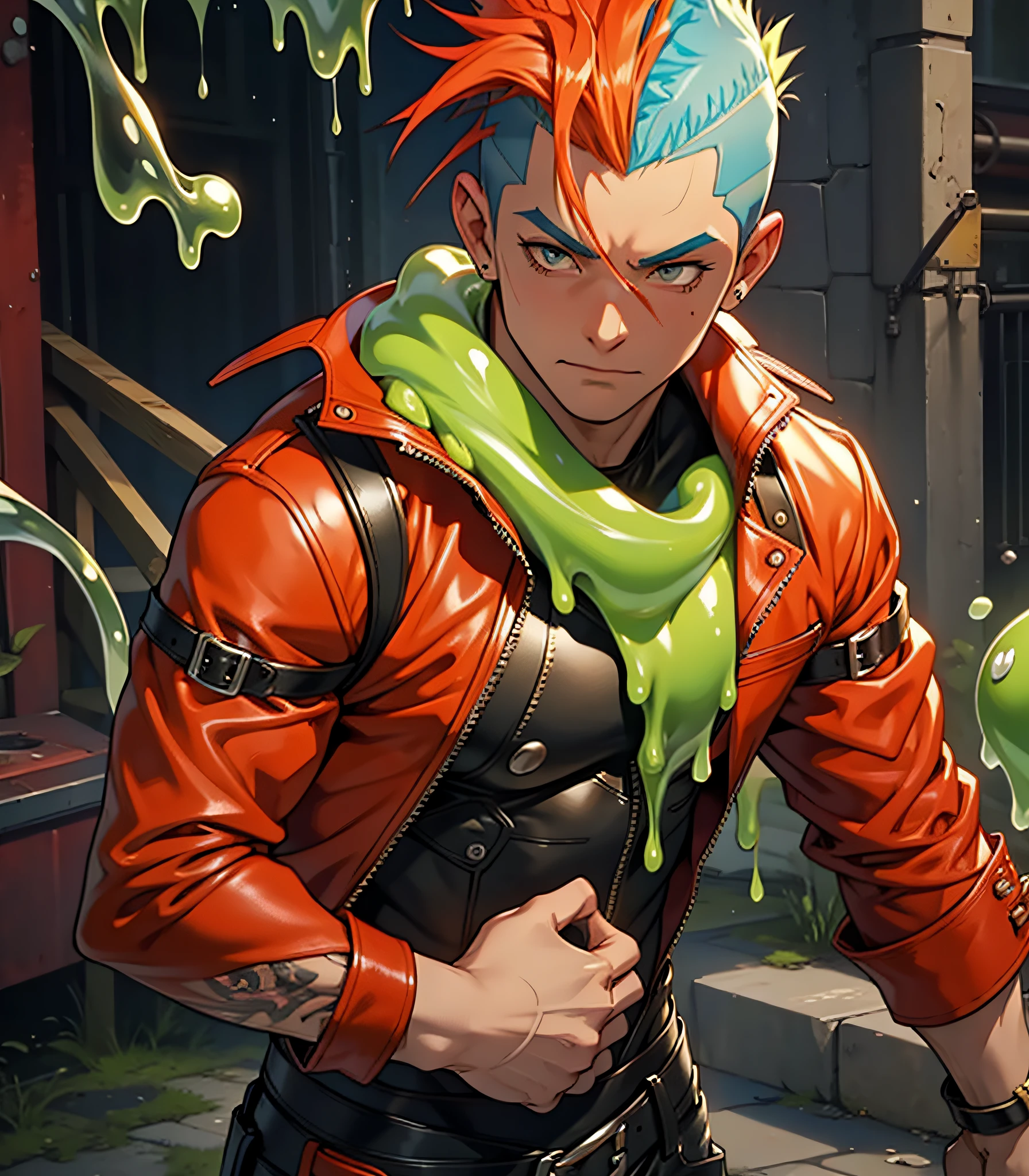 Slime boy, (slime) Slime hair Mohawk 
style, Orange-red , wearing wicked leather clothing, Masterpiece, Best Quality