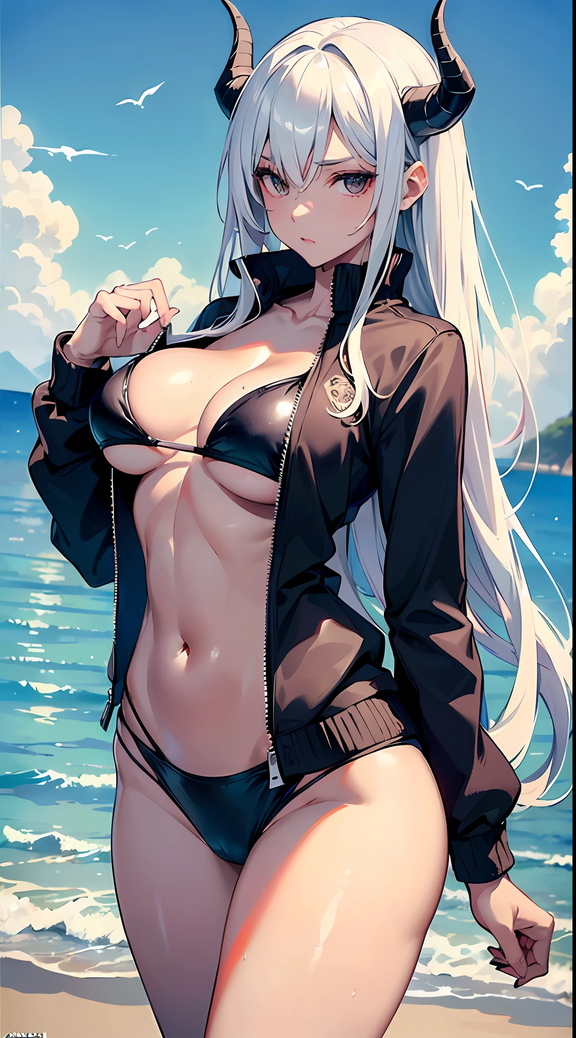 (small black dragon horns:1.2), (huge breasts, giantic breasts wide_hips, narrow waist:1.4, slender body:1.2), (lustrous skin+bright skin:1.2), (((perfectly beautiful body))), ((almost bare body)), [micro bikini], ((very tight bikini)), erotic, outside, (vacation spot), scenery, sunlight, finely detailed background, nipple bulge, (cameltoe), ((very wet)), lustrous skin, bright skin, puffy, very long hair, (((perfectly beautiful body))),, tight bikini, erotic, ((track jacket)), ((open jacket)), mature female,