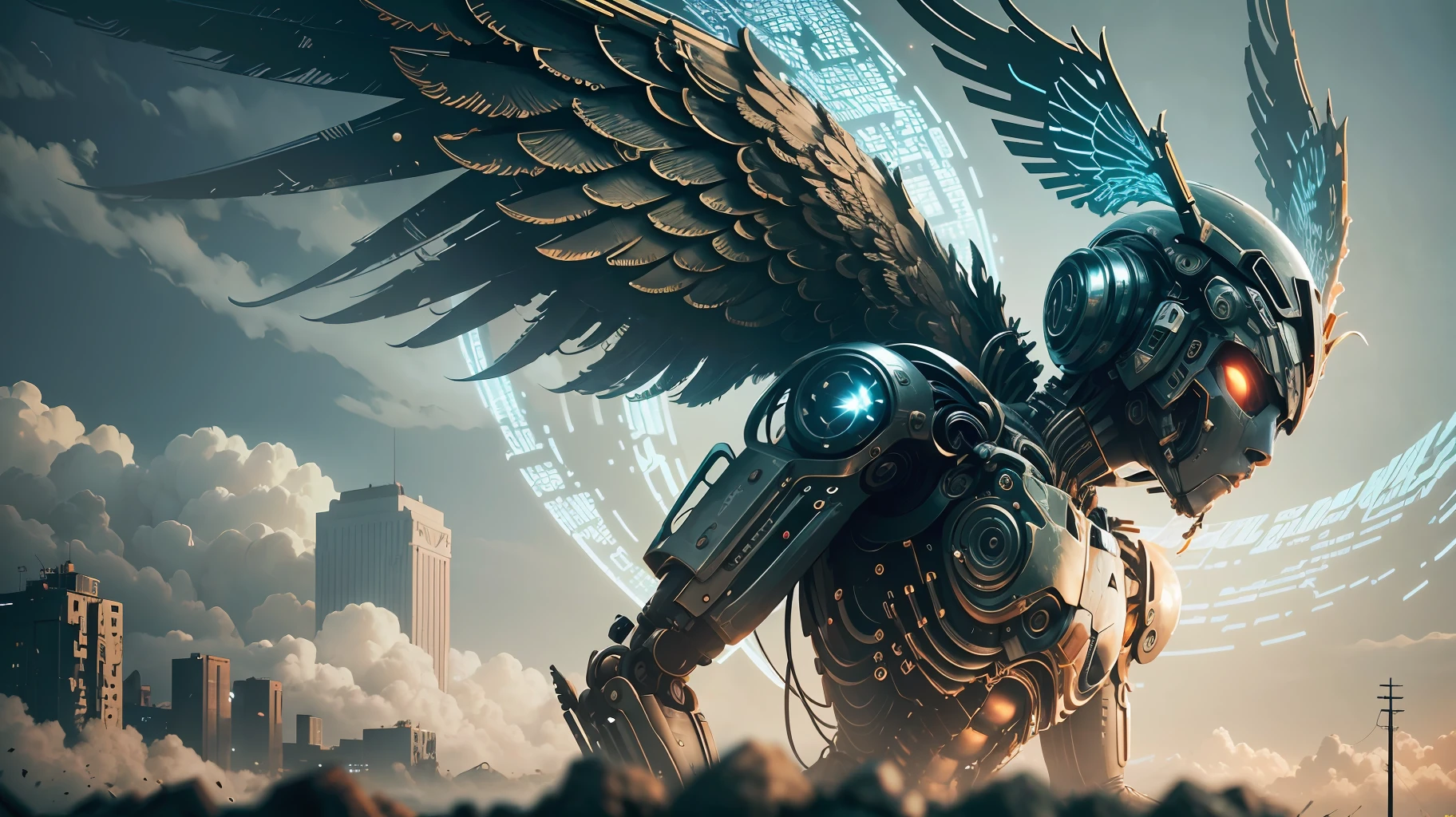 (detailed description) (best quality) robot with angel wings, in an apocalyptic world, background with dark color, stunt, cinematic colors, ultra realistic, 8k --auto --s2