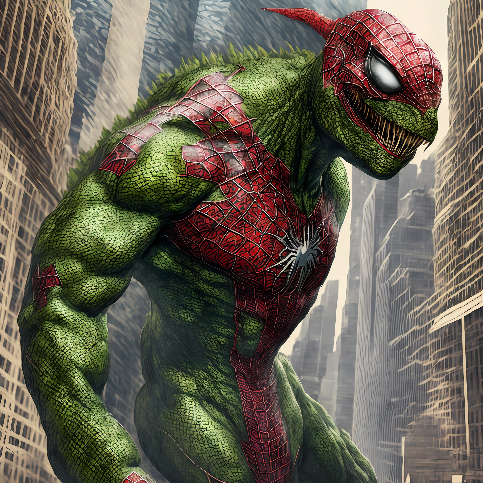 Lizard-man whose skin is in the color patterns of Spider-Man's costume on the whole body -self --s2