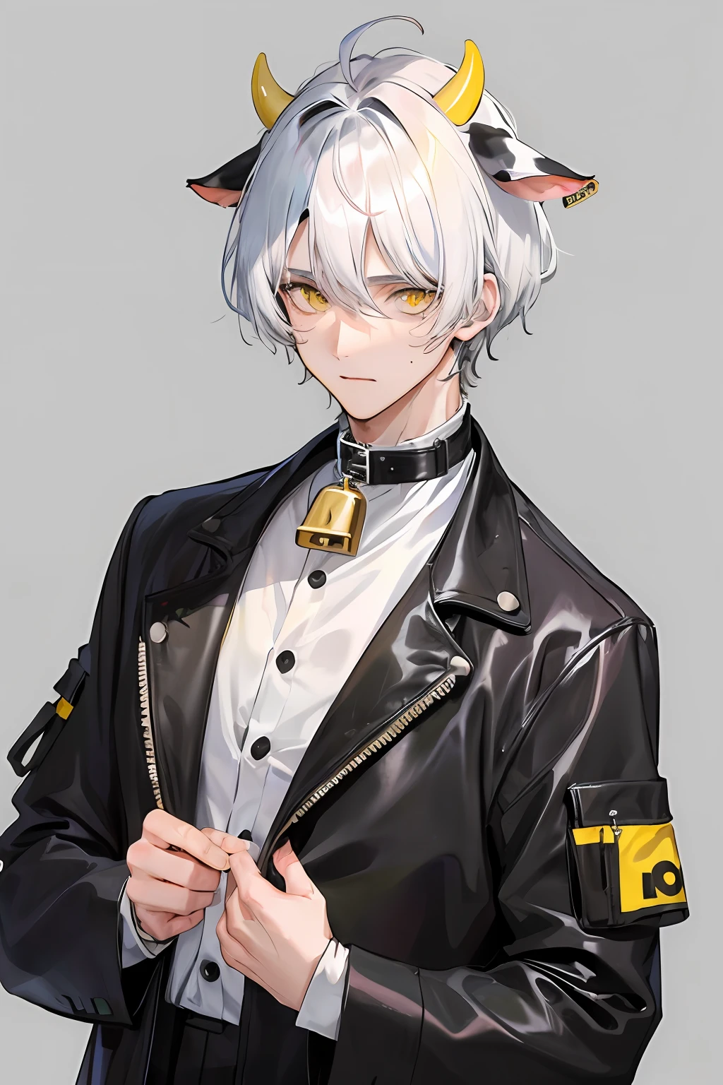 A Boy, male cow hybrid, cow ears, bell collar, white hair, yellow eyes, wearing cow print clothes, shy