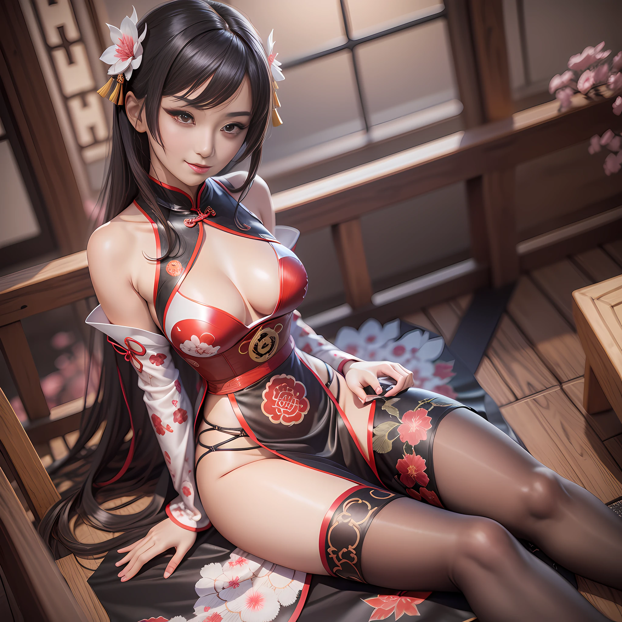 There is a woman in short cheongsam sitting on deck, popular on CGSTATION, 3D seductive anime girl, beautiful seductive anime woman, beautiful digital artwork, sexy pose, Japanese goddess, 3D anime reality, smooth anime CG art 8K smile happy long hair coquettish pretty sexy clothes