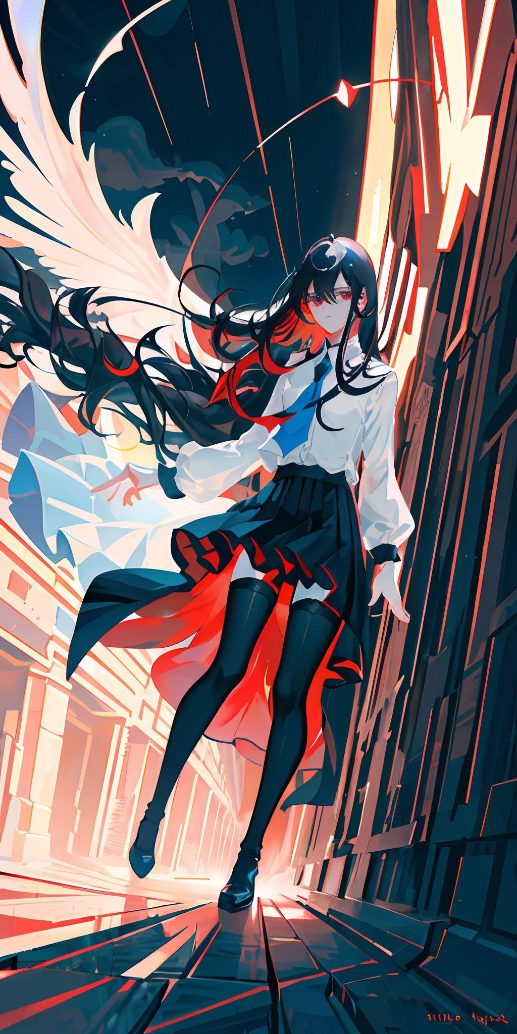 delicate and beautiful CG artwork),(best quality, ultra-detailed, high resolution),(dynamic angle, dynamic lighting),(1 character),(long blue black hair), red eyes, beautiful face),(black transparent stocking),(devil) (long sideburns), clouds, stars,