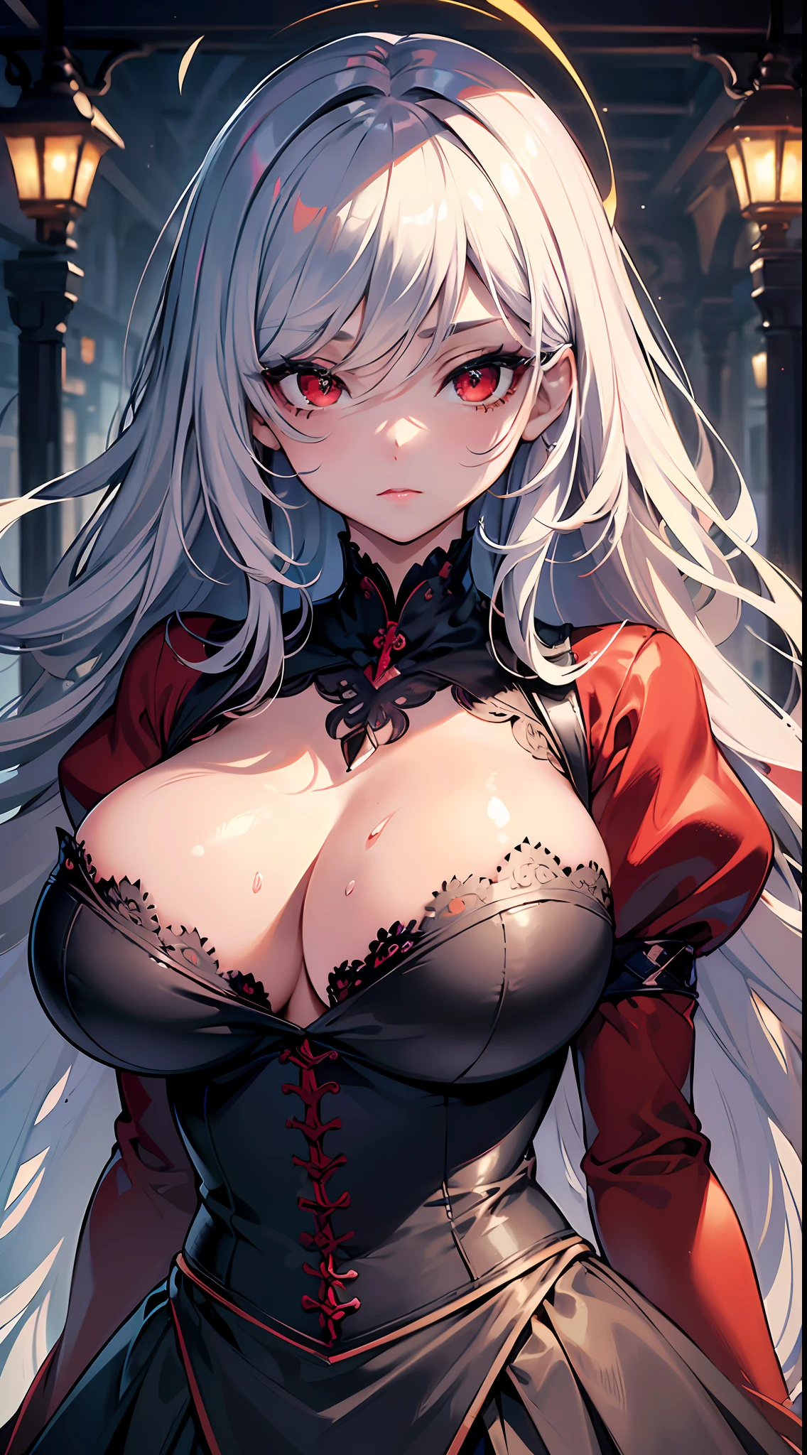 (best quality), best illustration, intricate details, ultra detailed, (2D), hair between eyes, splendid illustration, extremely detailed, (sketch), 1girl, (bishoujo), ((beautiful detailed face)), (pretty_face+round_face), ((beautiful detailed eyes)), (red eyes), transparent eyes, ((gigantic breasts)), (bishoujo:1.3), (perfect face), (solo), extremely Detailed CG, (extremely beautiful), best quality, high quality, dynamic angle, (masterpiece:1.2), (eyelashes:1.2), (dark eyelashes:1.1), (eyeliner:1.2), (deep red eyes:1.2), (big eyes:1.2), narrow waist, (bright skin), (ultra-detailed), illustation, bangs, (detailed shading), sweaty, looking at viewer, messy hair, silver hair, long hair,