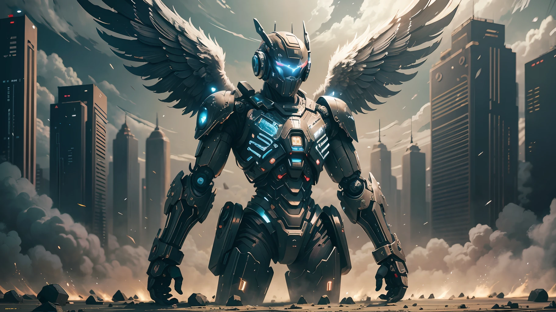 (detailed description) (best quality) robot with angel wings, in an apocalyptic world, background with dark color, stunt, cinematic colors, ultra realistic, 8k --auto --s2