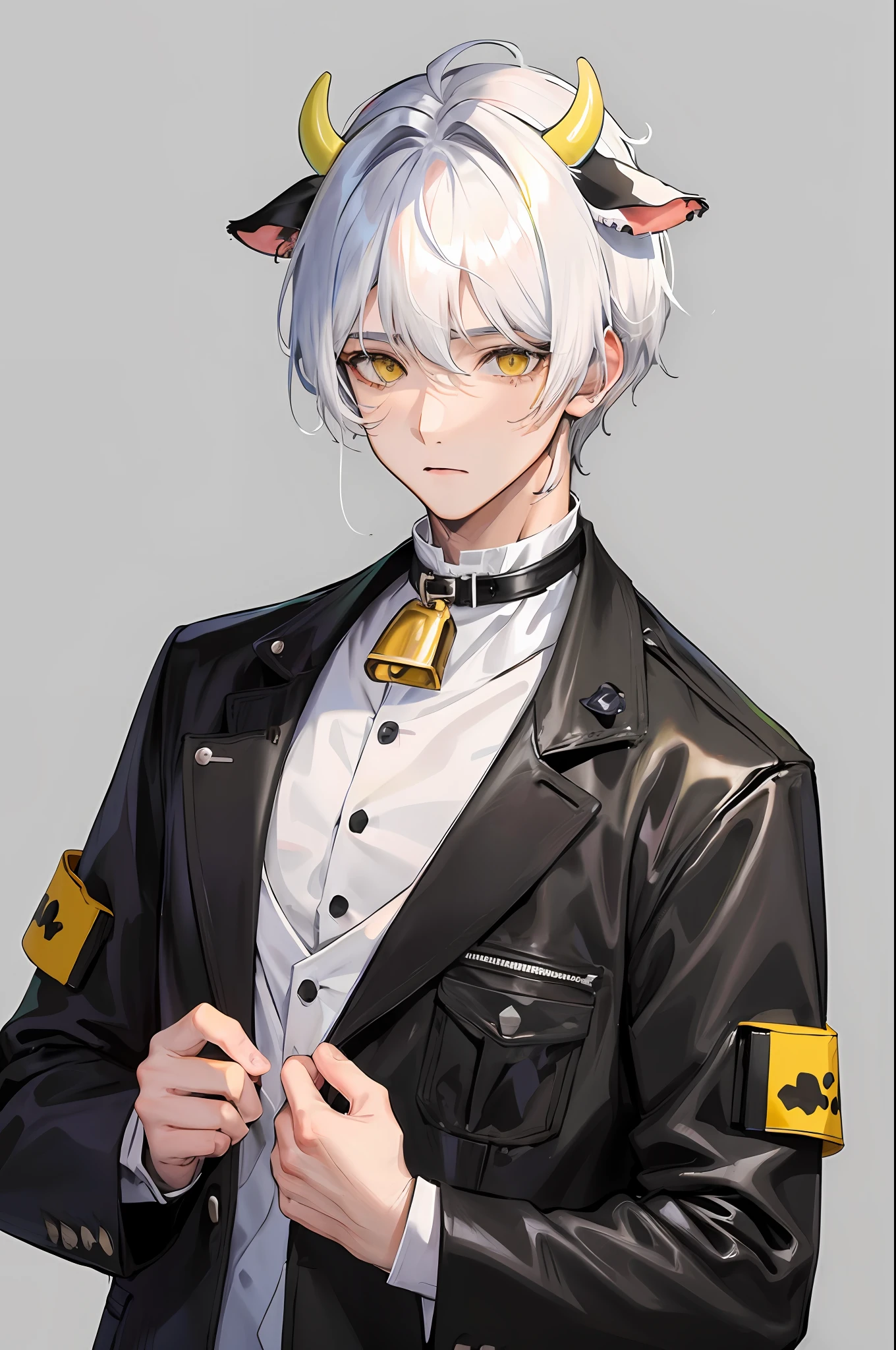 A Boy, male cow hybrid, cow ears, bell collar, white hair, yellow eyes, wearing cow print clothes, shy