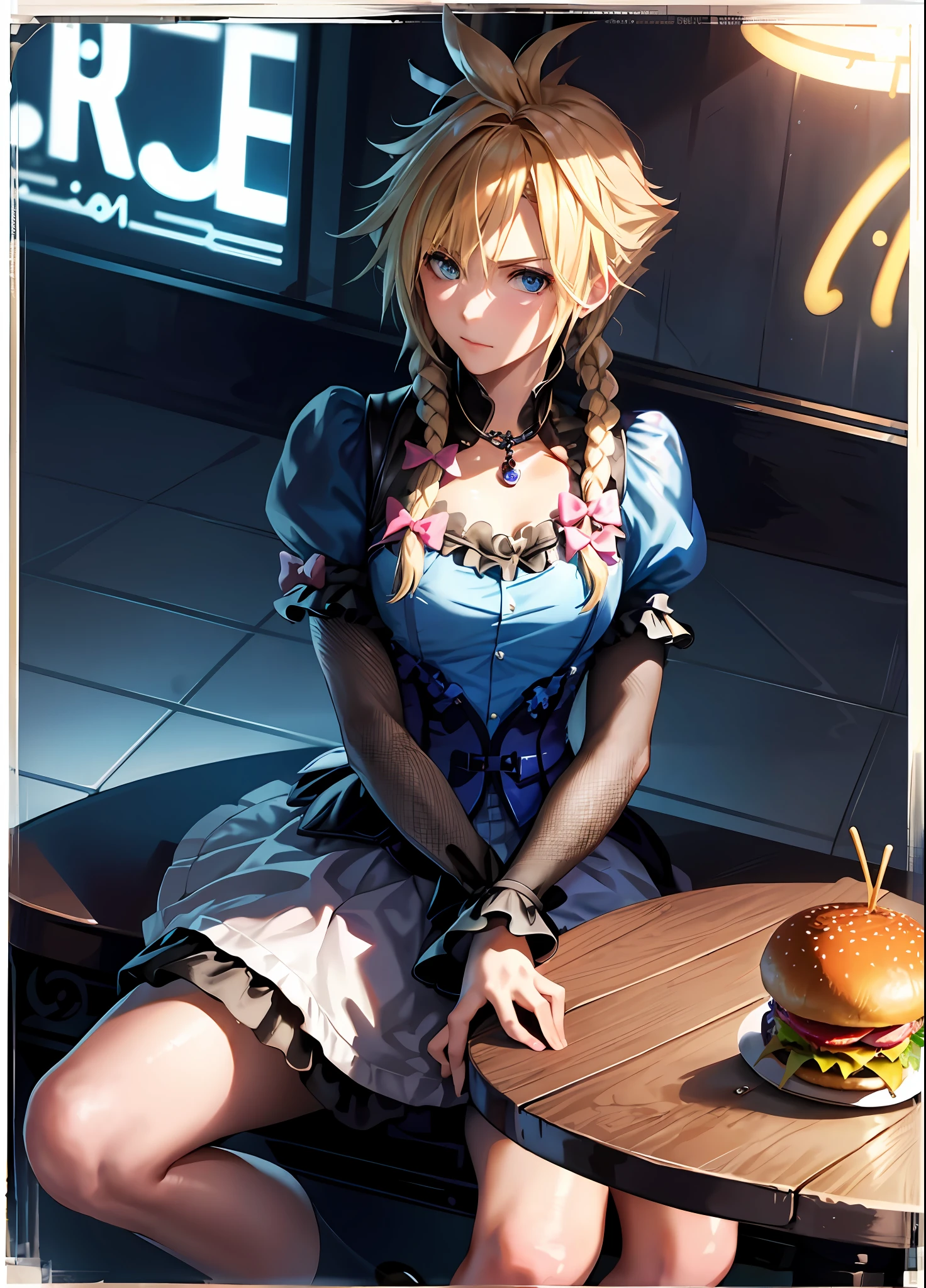 masterpiece, best quality, (Alice in Wonderland), Cloud Strife, crossdressing, twin braids, female focus, frilly dress, hair bow, hamburger background, neon signs, two-handed burger, eat, close-up, sitting at the table, looking at the viewer