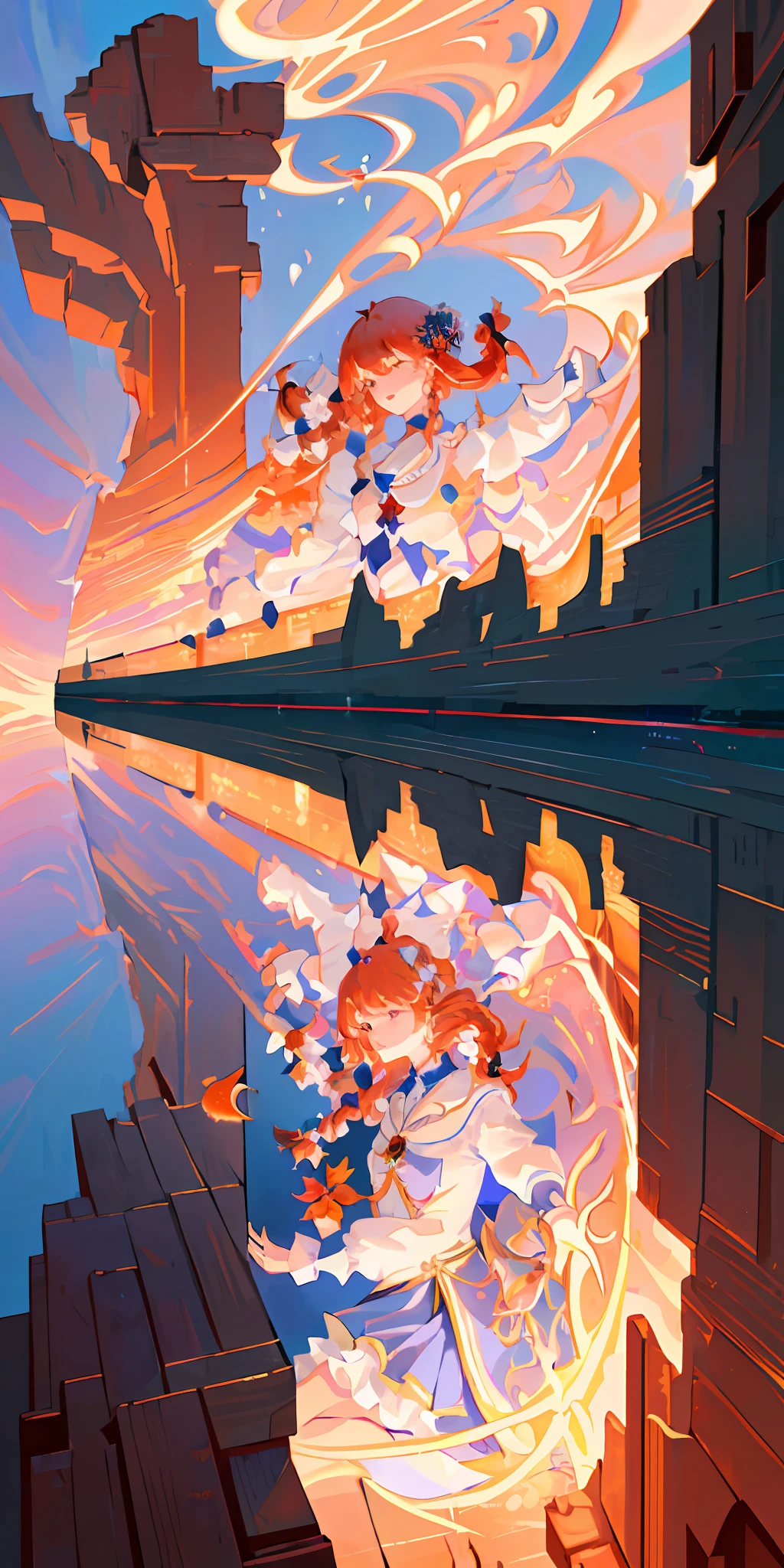 delicate and beautiful CG artwork),(best quality, ultra-detailed, high resolution),(dynamic angle, dynamic lighting),(1 girl),(masterpiece, top quality, best quality, official art, beautiful and aesthetic:1.2), (1girl:1.3), (fractal art:1.3), card, tarot, red hair, hearts, twin braids, hair flower, (good lighting:1.1), ((highres)), Tarot card style, witch