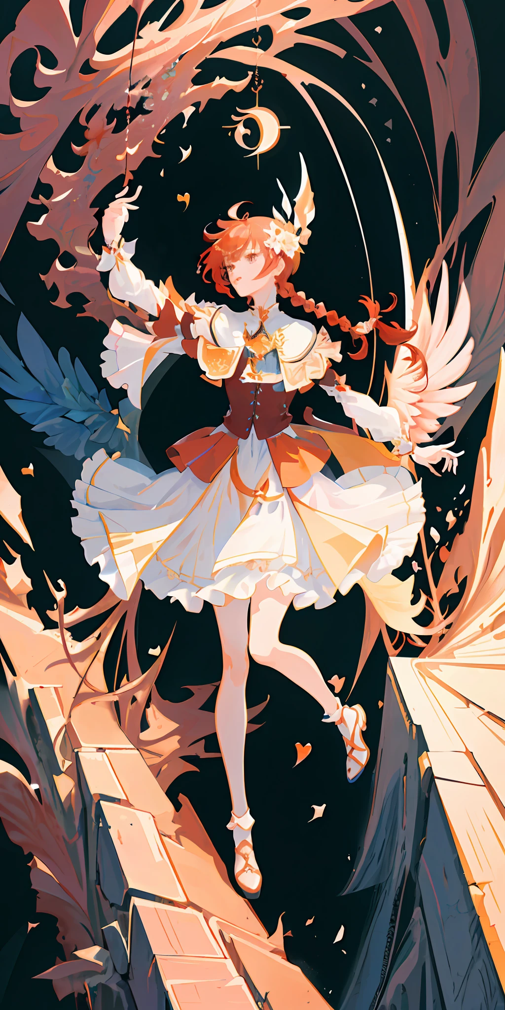 delicate and beautiful CG artwork),(best quality, ultra-detailed, high resolution),(dynamic angle, dynamic lighting),(1 girl),(masterpiece, top quality, best quality, official art, beautiful and aesthetic:1.2), (1girl:1.3), (fractal art:1.3), card, tarot, red hair, hearts, twin braids, hair flower, (good lighting:1.1), ((highres)), Tarot card style, witch