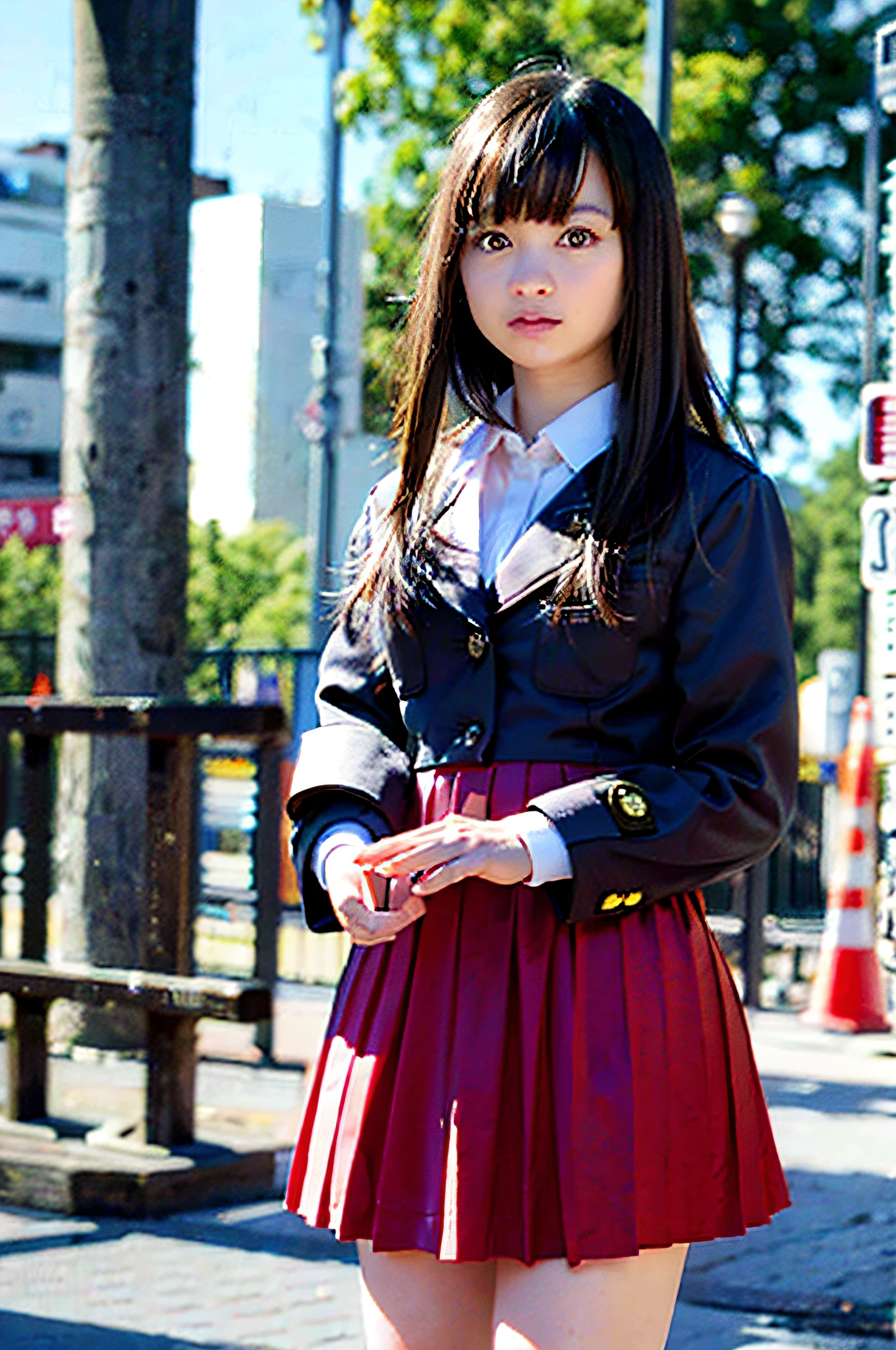 Top quality, 8k, high picture quality, masterpiece, ultra high definition, (photorealistic: 1.4), raw photo, one girl, dark hair, shiny skin, cute, short skirt, standing deep in the city, cute schoolgirl, Japan schoolgirl in uniform, surreal schoolgirl,