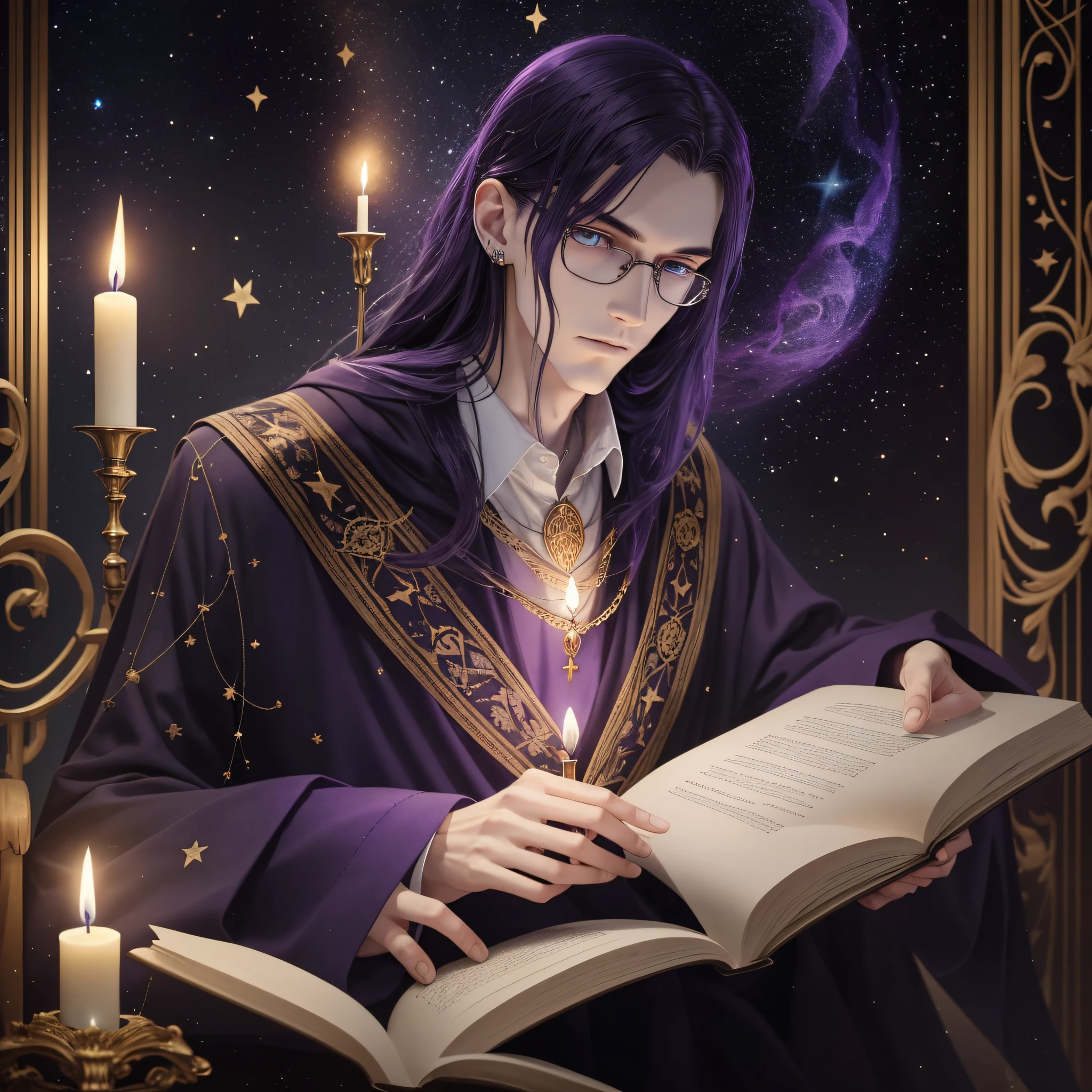 Imagine the tall, slender man sitting in a dark room, surrounded by lit candles and old books stacked around him. His piercing eyes peer over the pages of the books as his purple tunic embroidered with gold threads flutters gently and his mantle of stars glows softly, creating a mystical and enigmatic atmosphere. --auto --s2