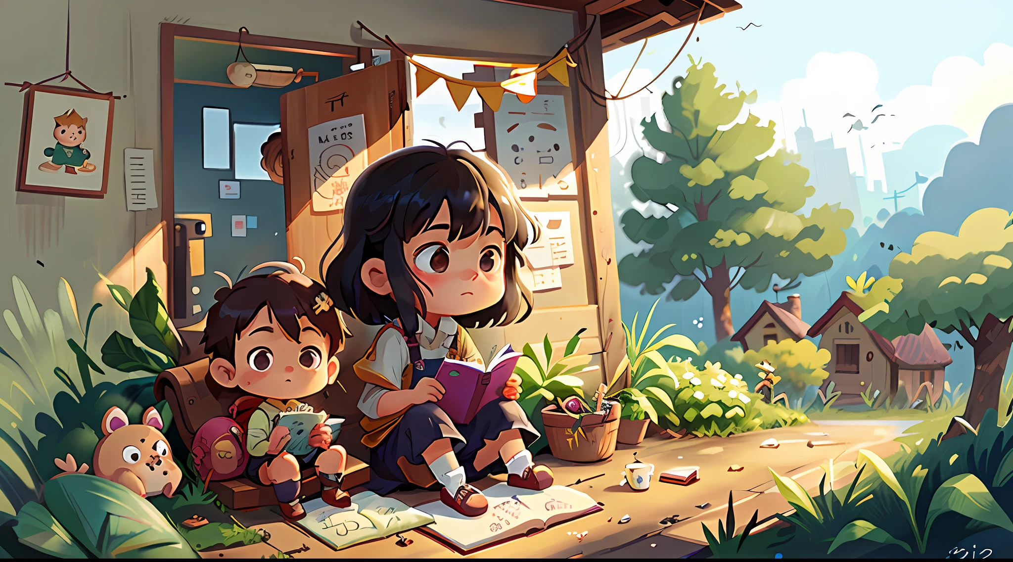 Style chibi, to an adult with her young daughter sitting outside a very poor small house, a storybook illustration by Yeong-Hao Han, pixiv, concept art, children's art in artstation, guweiz style art, lovely digital painting, a beautiful art illustration, guweiz in artstation pixiv, guweiz in pixiv artstation, cute detailed digital art