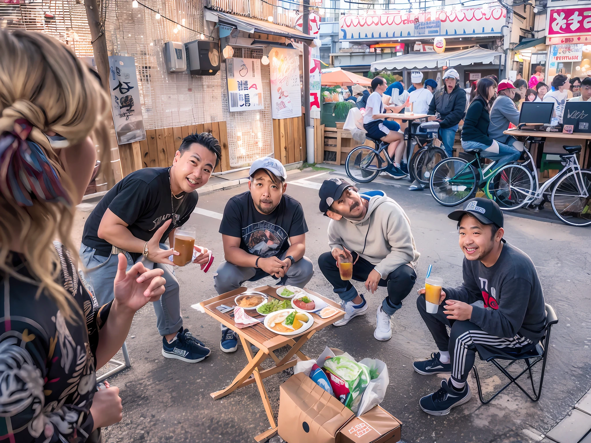 Set in a parking lot, several people around a table with food and drinks, captured on iPhone, Tokyo, Tokyo, people outside are eating, in front of a ramen shop, set on the rooftop of Tokyo, shot in the early 2020s, little people, masterpiece !!,、 victory, sitting in Tokyo, eating outside, shot on concrete ground
