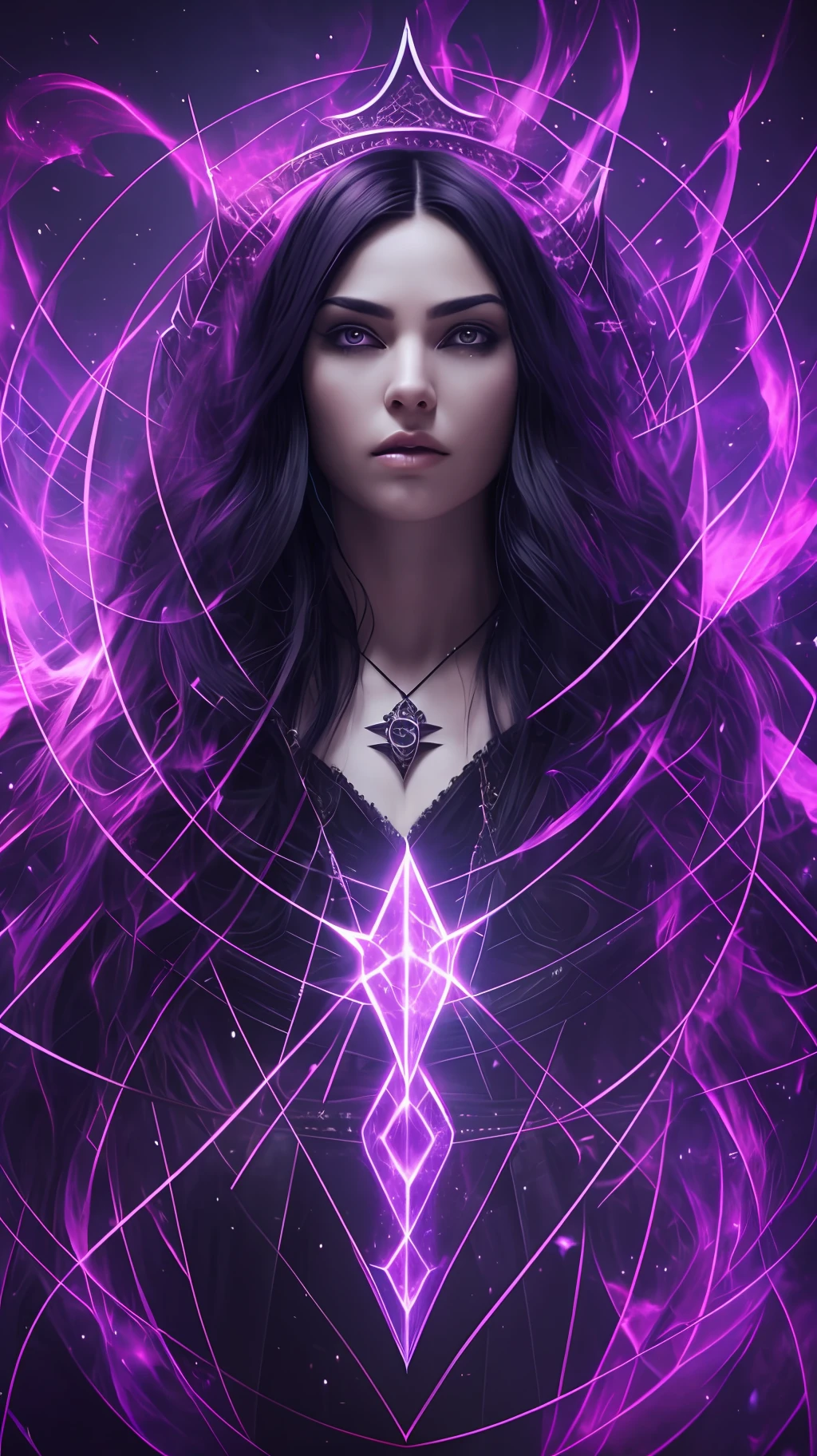 imposing sorceress in black clothes, black hair, sitting on a black throne, shot taken from afar, cinematic quality, insane lighting, cinematic scenery, ultra realistic, unreal engine 5, purple nebula background, perfect face, perfect body, best quality, best texture, best rendering, 8k, HDR, high contrast, high resolution. --auto --s2