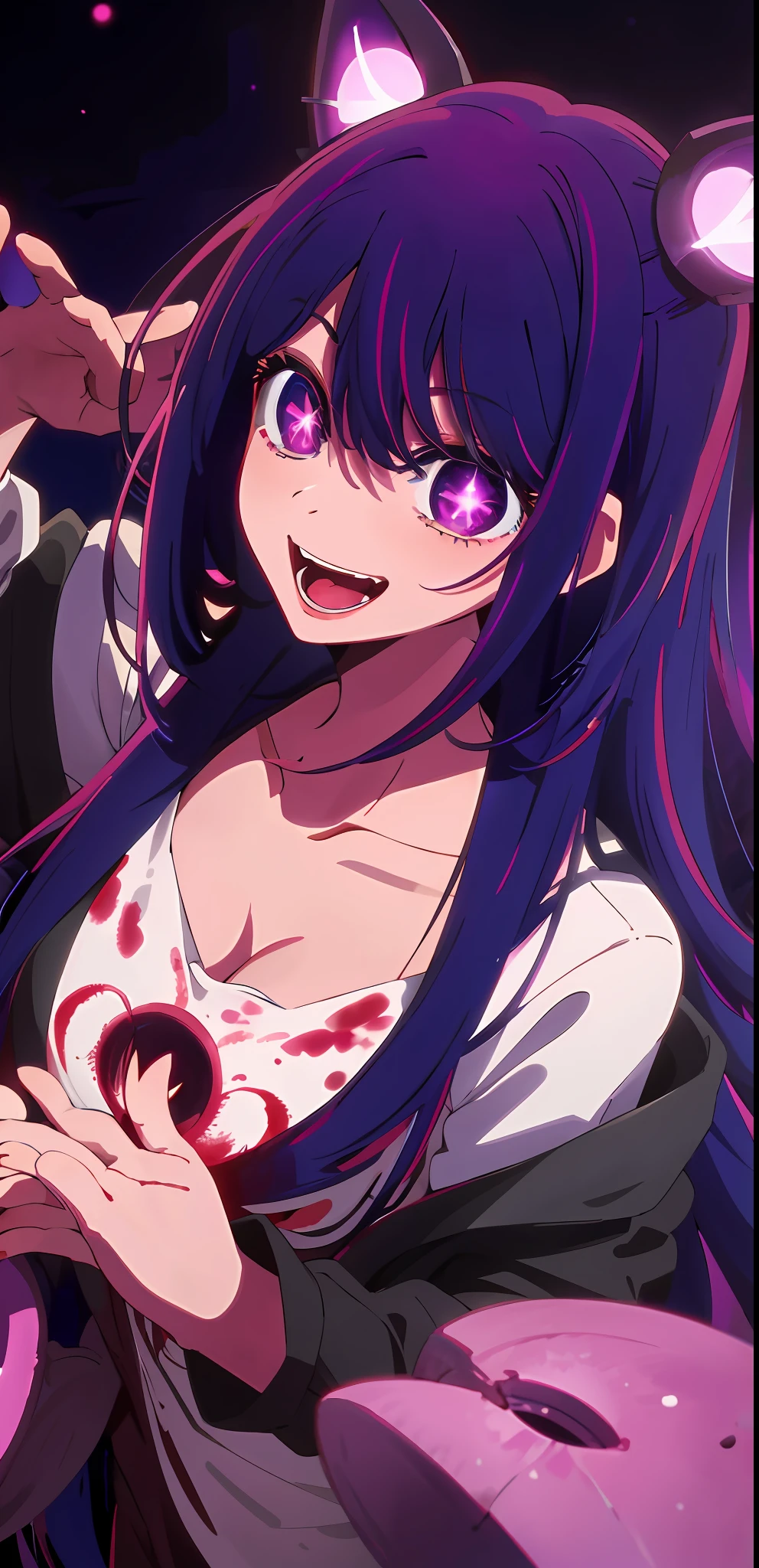 Original character , 1girl, (crazy smile:1.2) , long purple hair , bangs , hands on face , blood splatter on face , purple and black color scheme, open mouth, (wide-eyed:1.2), glowing eyes , yandere, star shaped eyes, star shaped pupils