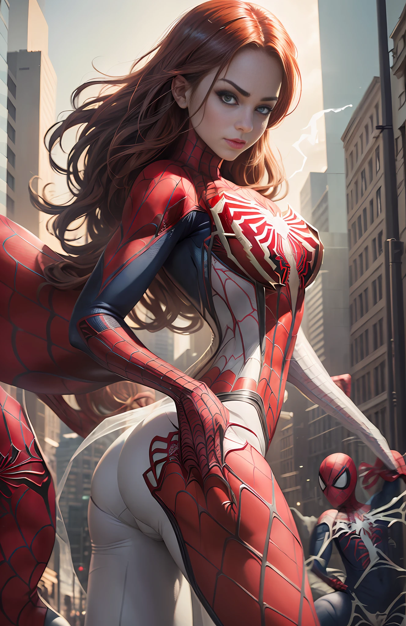 Ultra realistic poster, Araffed Woman in a Spider - Tiny sexy spiderman costume, posing on a city street, Spider Woman, ( ( Spider Woman ), Amouranth as a super villain, high definition face looking sideways, red hair, green eyes, harmonious chin, Spiderwoman!!, Spiderwoman!!!!!, intricate body, ((costume at breast height as if to rip)))), closeup photo in NYC Comicon, Lara Croft as Spiderwoman, intriguing outfit, better known as Amouranth, Amouranth, (((translucent white panties with derriere marking))), very thin panties side straps in white color, mignon style model, body seen from the front, photo camera Canon EOS 6D Mark II, Canon EF 50mm f/1.2L USM Ultrasonic lens, ((((translucent spiderman female suit in high definition))), hyper-detailed suit