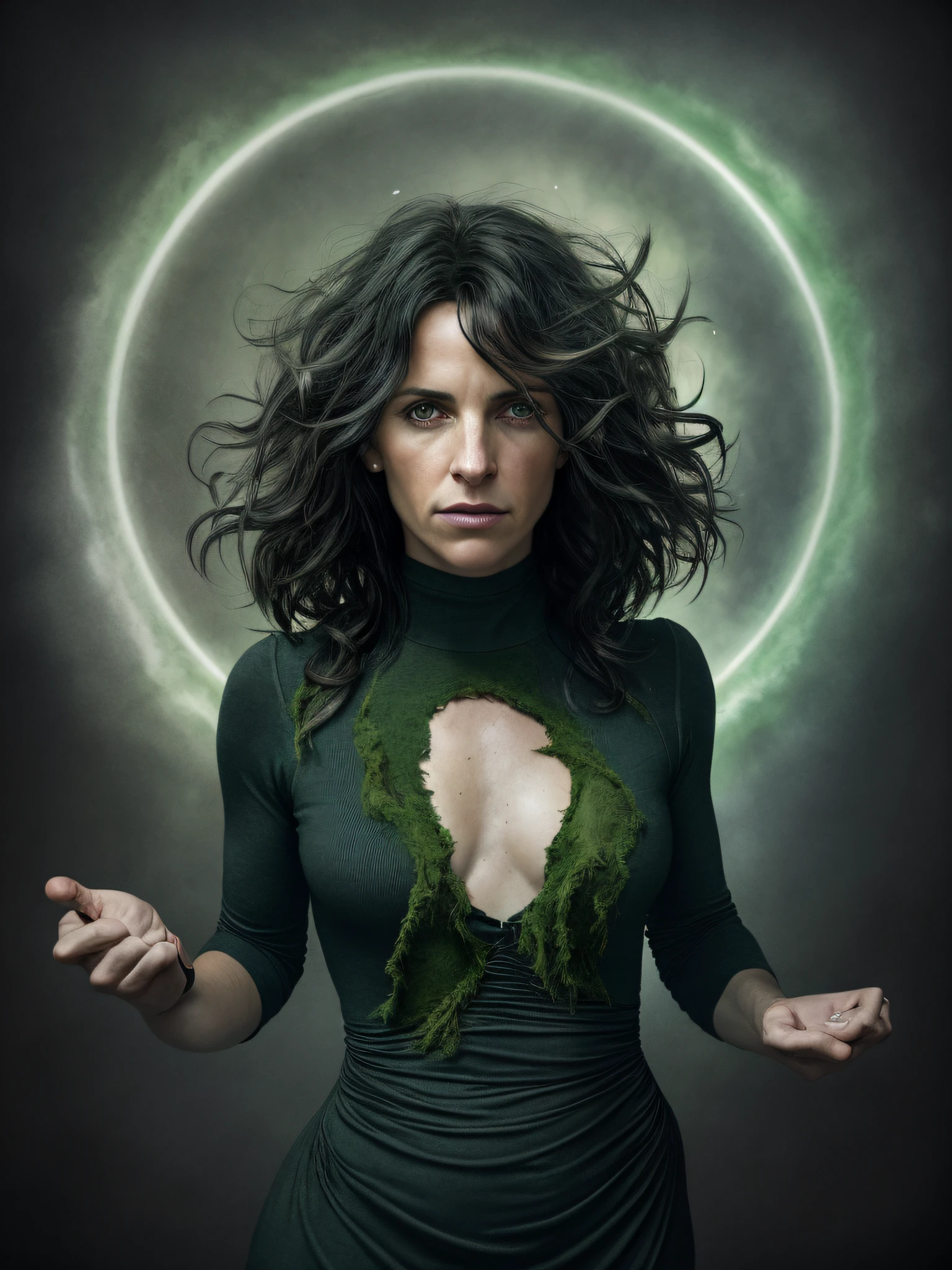 Lee-Jeffries Steve-Hanks 8k photo, beautiful 35 year old French-Spanish milf dark-eyes square-hair-black large-thin chest-sagging-small-boobs-drooping perfectly-arched dress-hippie-floating-green-moss no underwear, ray-tracing, kinematic filter