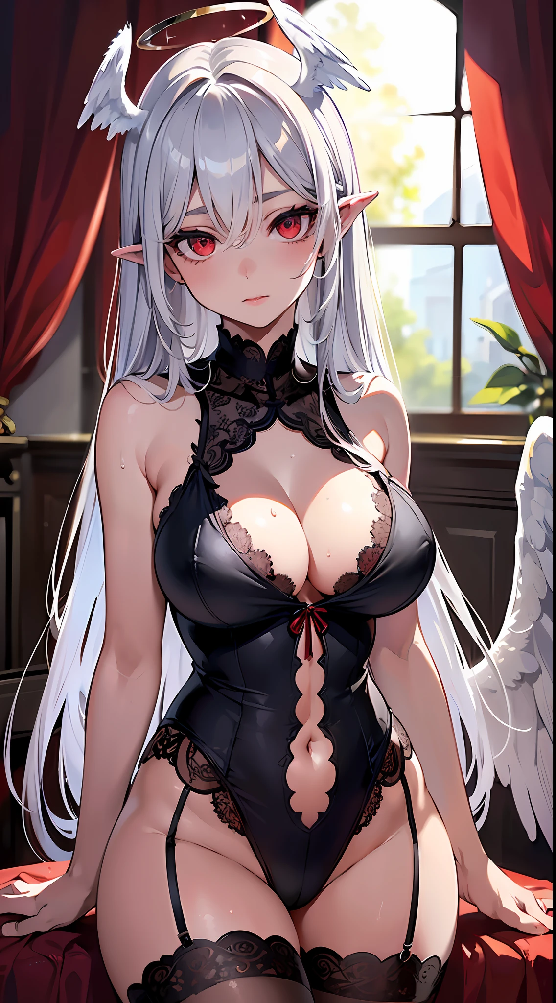 (best quality), best illustration, intricate details, ultra detailed, (2D), hair between eyes, splendid illustration, extremely detailed, (sketch), 1girl, (bishoujo), ((beautiful detailed face)), (pretty_face+round_face), ((beautiful detailed eyes)), (red eyes), transparent eyes, ((gigantic breasts)), (bishoujo:1.3), (perfect face), (solo), extremely Detailed CG, (extremely beautiful), best quality, high quality, dynamic angle, (masterpiece:1.2), (eyelashes:1.2), (dark eyelashes:1.1), (eyeliner:1.2), (deep red eyes:1.2), (big eyes:1.2), narrow waist, (bright skin), (ultra-detailed), illustation, bangs, (detailed shading), sweaty, looking at viewer, 1girl, solo, silver hair, bangs, hair between eyes, (detailed shading), pointy ears, erect, ((white wings)), ((angel halo)), sweaty, dripping sweat, ripped stockings, red bed, window, red curtains, background medieval city, sunlight, elegant room, finely detailed background, black lingerie,