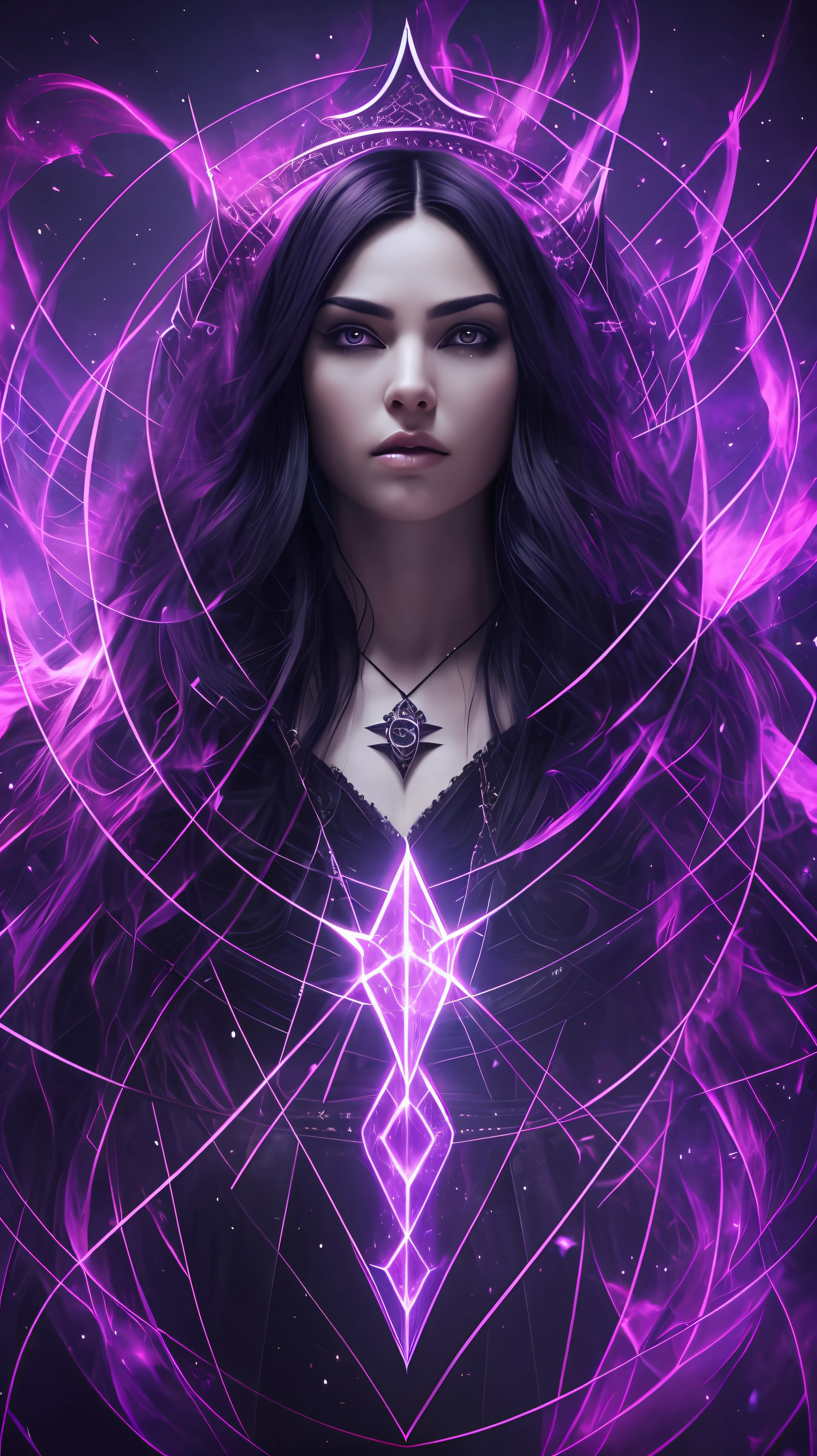 imposing sorceress in black clothes, black hair, sitting on a black throne, shot taken from afar, cinematic quality, insane lighting, cinematic scenery, ultra realistic, unreal engine 5, purple nebula background, perfect face, perfect body, best quality, best texture, best rendering, 8k, HDR, high contrast, high resolution. --auto --s2