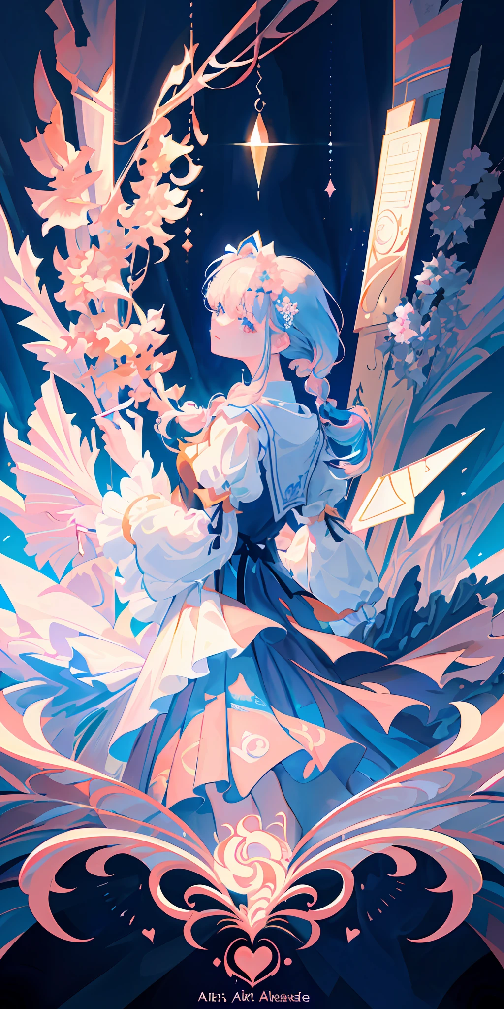 delicate and beautiful CG artwork),(best quality, ultra-detailed, high resolution),(dynamic angle, dynamic lighting),(1 girl),(masterpiece, top quality, best quality, official art, beautiful and aesthetic:1.2), (1girl:1.3), (fractal art:1.3), card, tarot, blue and pink hair, hearts, twin braids, hair flower, (good lighting:1.1), ((highres)), Tarot card style
