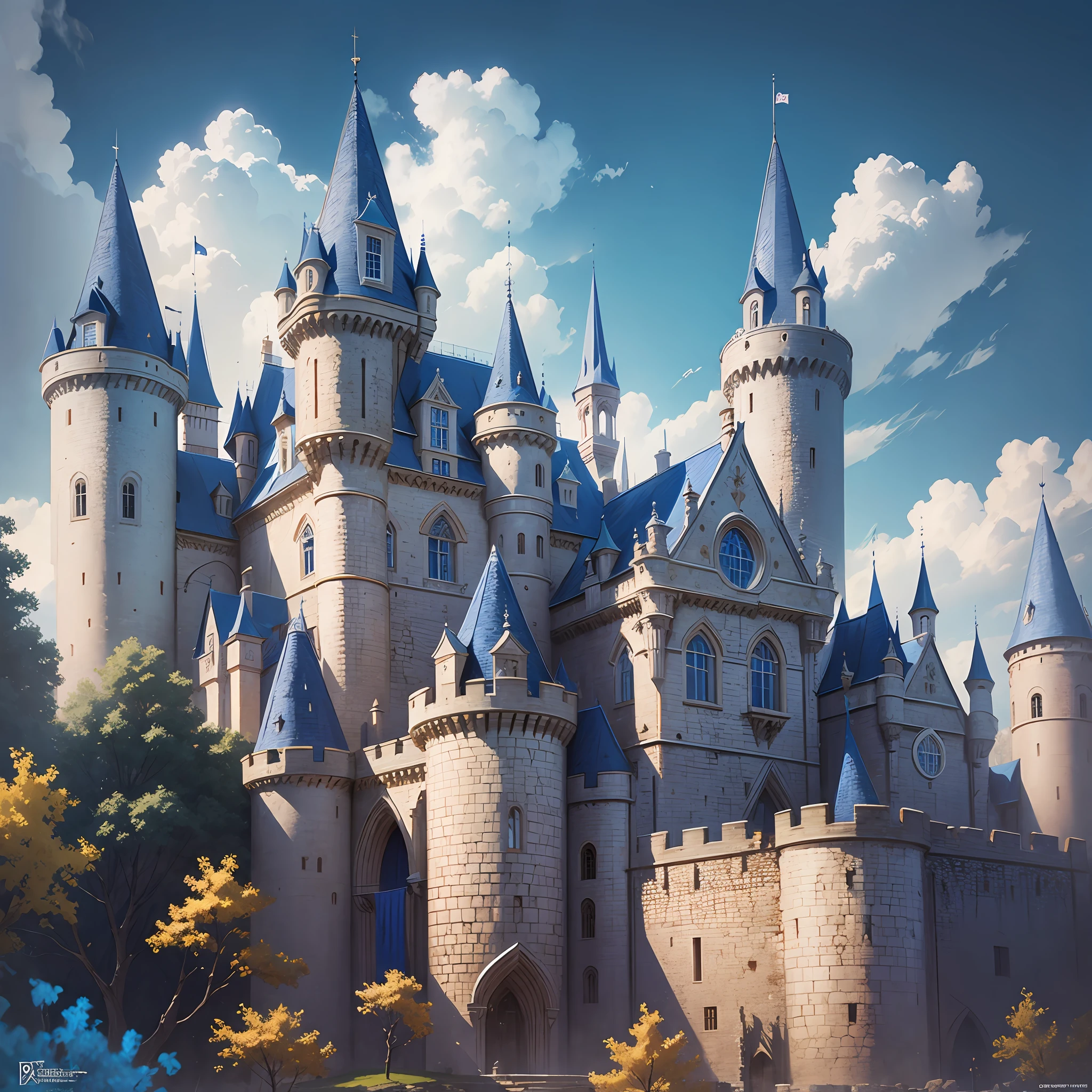 Medieval kingdom castle with blue flags Greg Rutkowski style --auto --s2