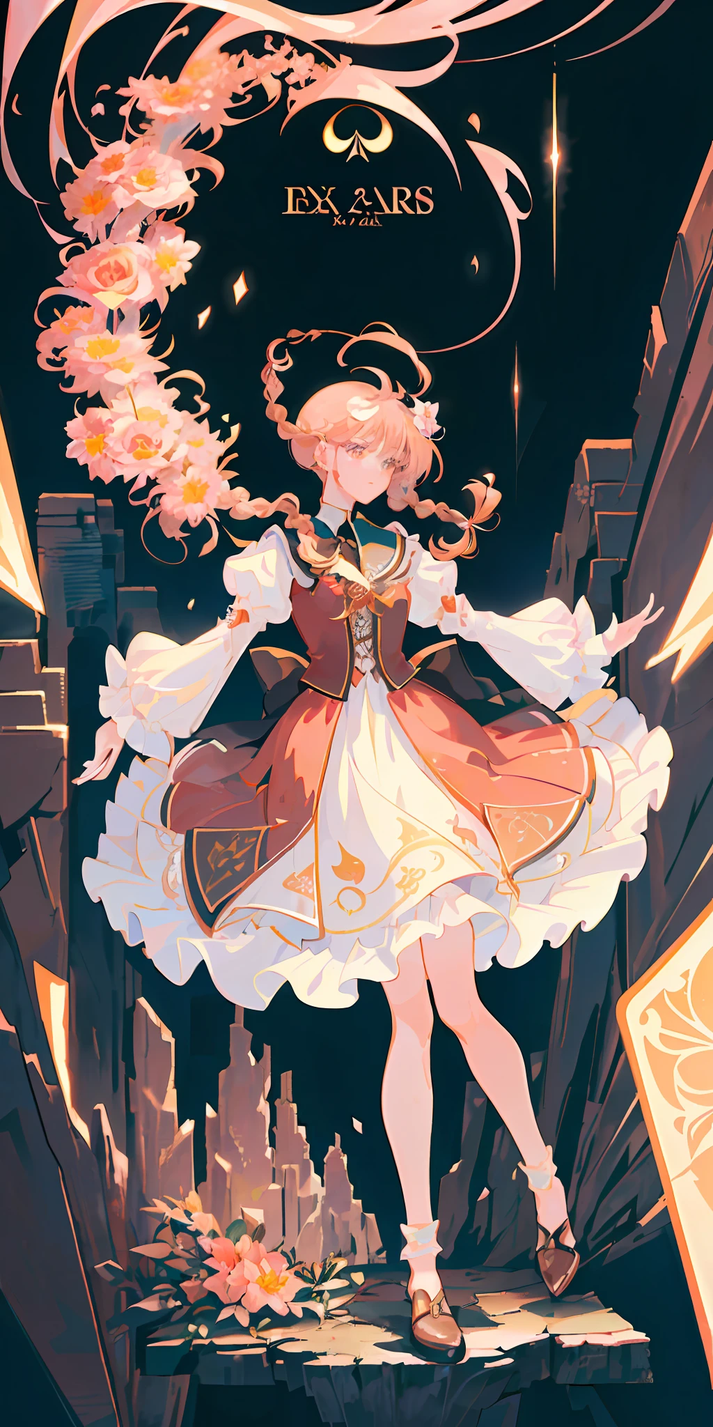 delicate and beautiful CG artwork),(best quality, ultra-detailed, high resolution),(dynamic angle, dynamic lighting),(1 girl),(masterpiece, top quality, best quality, official art, beautiful and aesthetic:1.2), (1girl:1.3), (fractal art:1.3), card, tarot, brown and pink hair, hearts, twin braids, hair flower, (good lighting:1.1), ((highres)), Tarot card style
