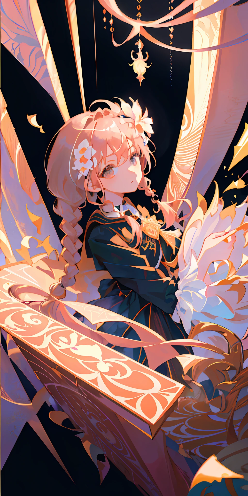 delicate and beautiful CG artwork),(best quality, ultra-detailed, high resolution),(dynamic angle, dynamic lighting),(1 girl),(masterpiece, top quality, best quality, official art, beautiful and aesthetic:1.2), (1girl:1.3), (fractal art:1.3), card, tarot, brown and pink hair, hearts, twin braids, hair flower, (good lighting:1.1), ((highres)), Tarot card style