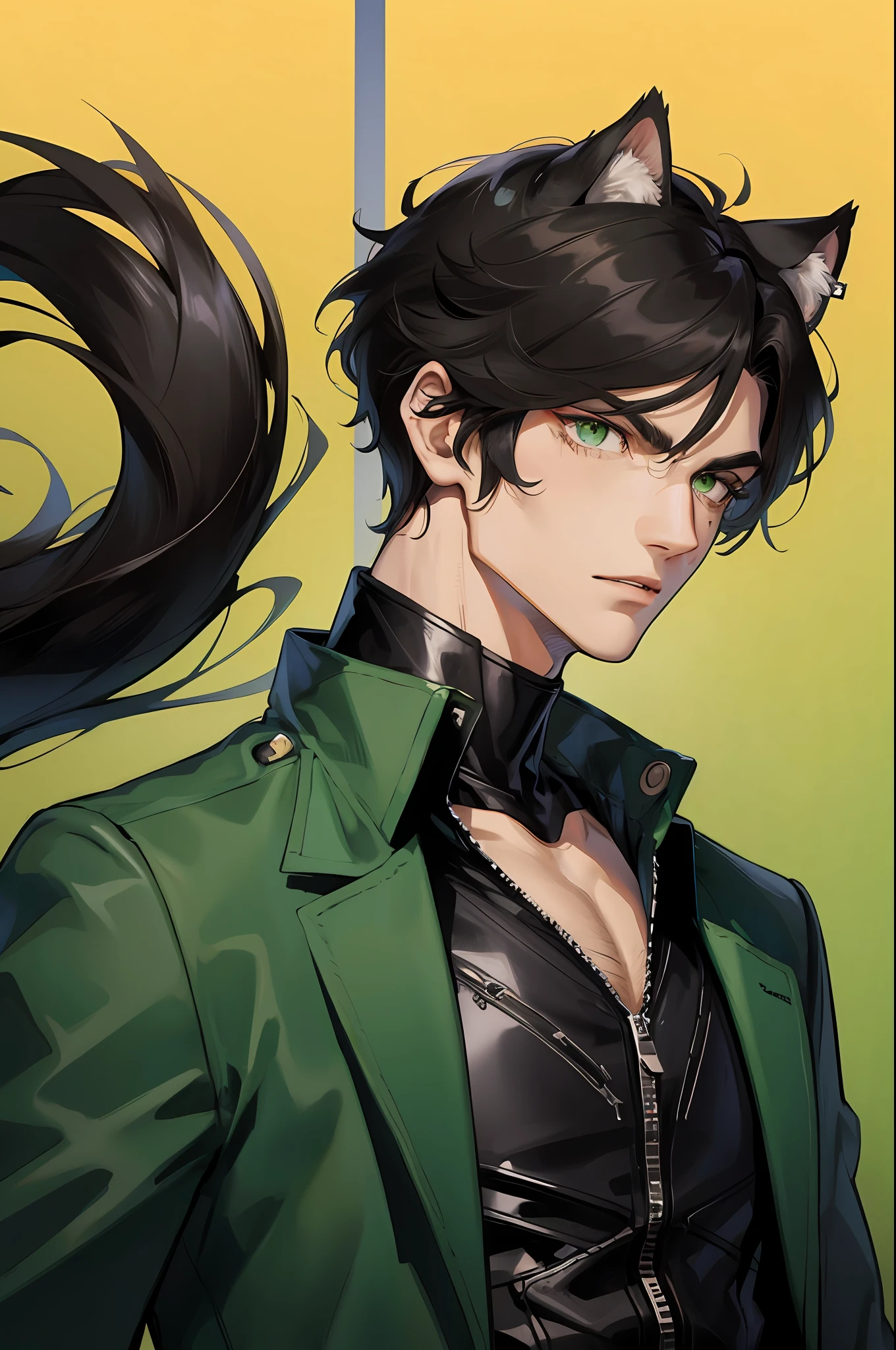 A man, male cougar hybrid, cougar ears, cougar tail, messy black hair, green eyes, intimidating
