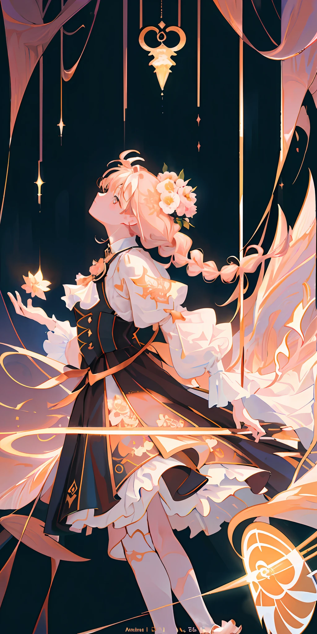delicate and beautiful CG artwork),(best quality, ultra-detailed, high resolution),(dynamic angle, dynamic lighting),(1 girl),(masterpiece, top quality, best quality, official art, beautiful and aesthetic:1.2), (1girl:1.3), (fractal art:1.3), card, tarot, brown and pink hair, hearts, twin braids, hair flower, (good lighting:1.1), ((highres)), Tarot card style