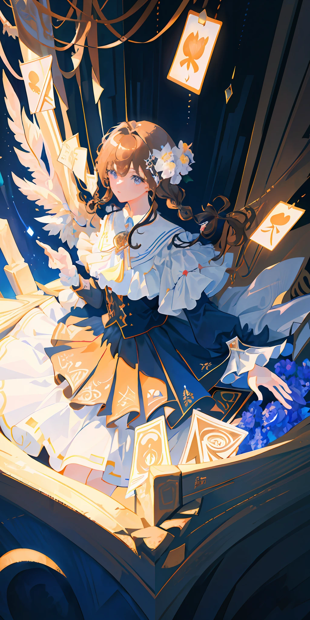 delicate and beautiful CG artwork),(best quality, ultra-detailed, high resolution),(dynamic angle, dynamic lighting),(1 girl),(masterpiece, top quality, best quality, official art, beautiful and aesthetic:1.2), (1girl:1.3), (fractal art:1.3), card, tarot, brown and blue hair, hearts, twin braids, hair flower, (good lighting:1.1), ((highres)), Tarot card style