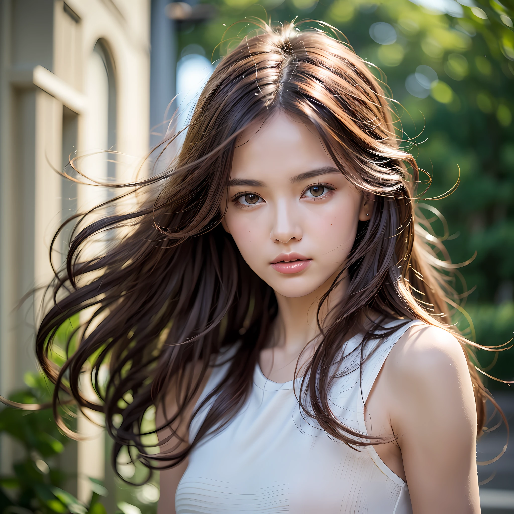 depth of field, lifelike, realistic, super detailed, beautiful, slender, cute, 30s, beautiful features, actress, mature, upper body, bright brown hair, thin hair, small face, live-action, highest quality, very elaborate CG Unity 8K wallpaper, ultra high resolution, natural fashion, lighting, medium hair, (puffy eyes), model figure, light on hair, turn around pose, Ash brown hair, model pose, studio shoot, white background, delicate skin type, light wavy hair close to straight hair, hands around mouth, adult clothes, hair model shoot, hair fluttering in the wind, transparent hair, fine hair fineness, soft hair, fine skin, bright photo, less hair, angle of pull