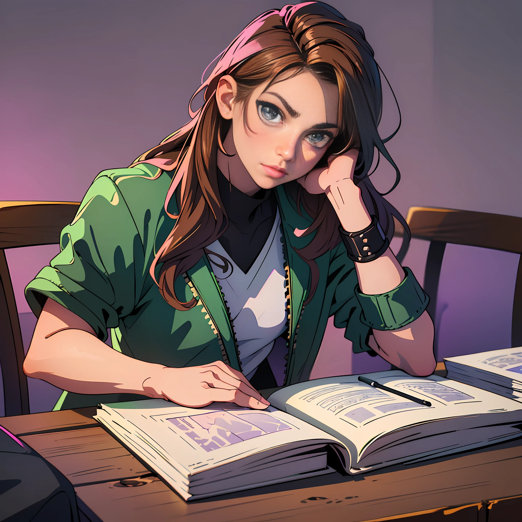 An adult femboy sits at a dimly-lit table, his hazel-green eyes focused intensely on a textbook. His wavy brown hair falls over his forehead, adding to his sensual demeanor as he studies. The grunge style of his clothing and surroundings adds a rebellious edge to his otherwise composed appearance. ((The lighting should be lowkey and the color palette should consist of shades of black and grey with a pop of vibrant neon pink or purple accentuation.) REalistic anime style. --auto --s2