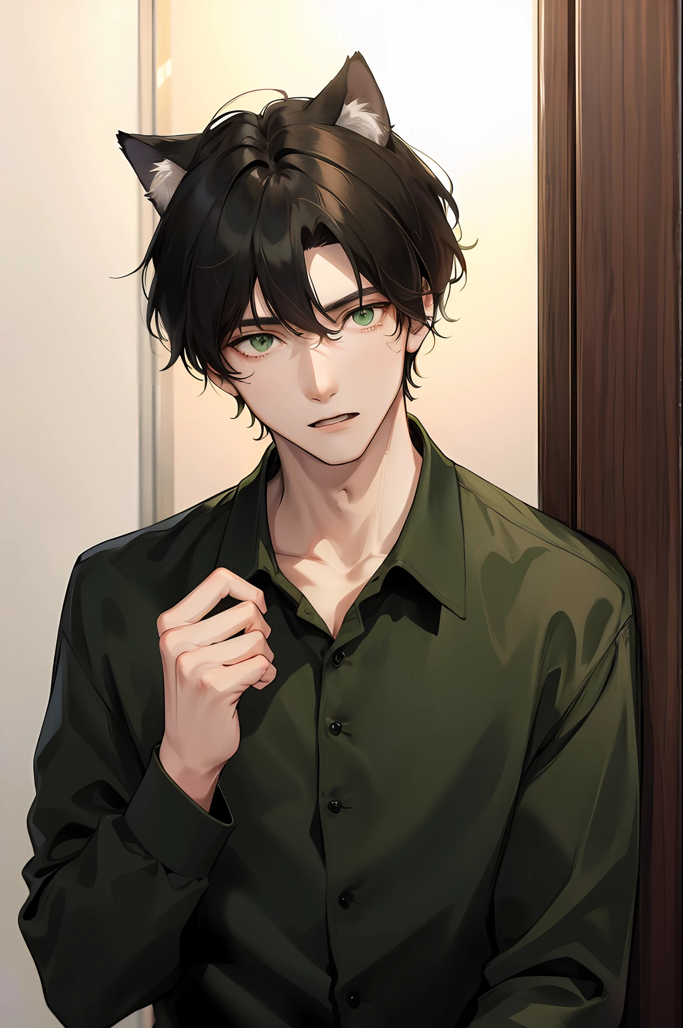A boy, male cougar hybrid, cougar ears, messy long black hair, green eyes, black shirt