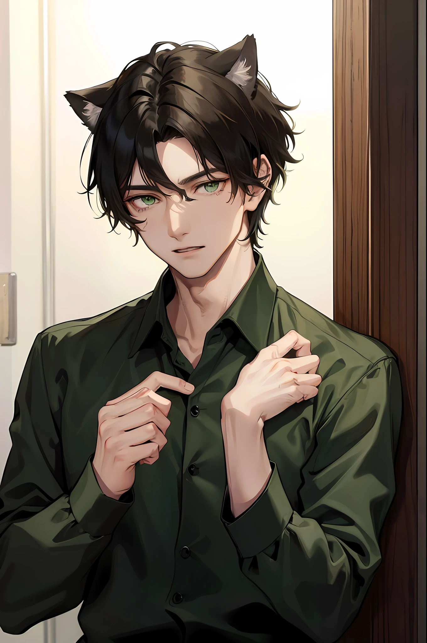 A boy, male cougar hybrid, cougar ears, messy long black hair, green eyes, black shirt