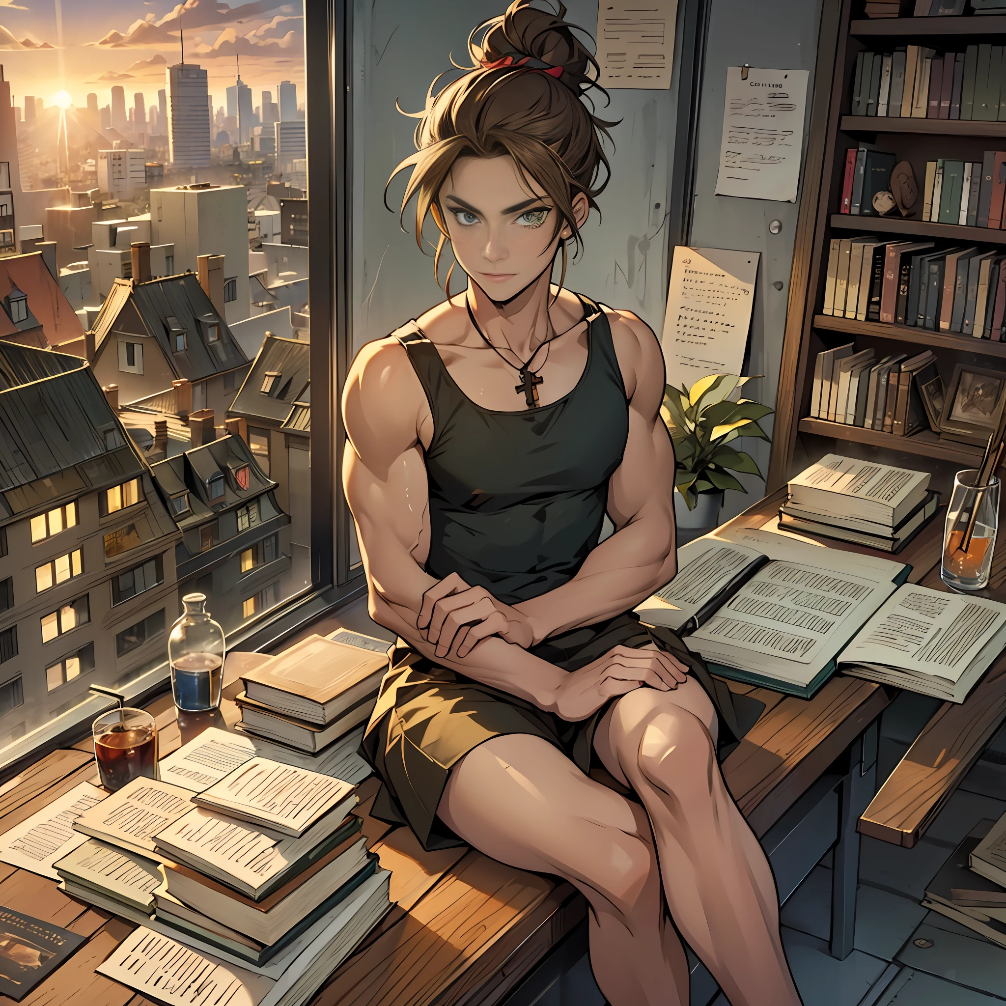 A rebellious adult femboy with hazel-green eyes and wavy brown hair in a messy bun, sitting cross-legged on a rooftop, surrounded by books and notes, studying in the light of the sunset. --auto --s2