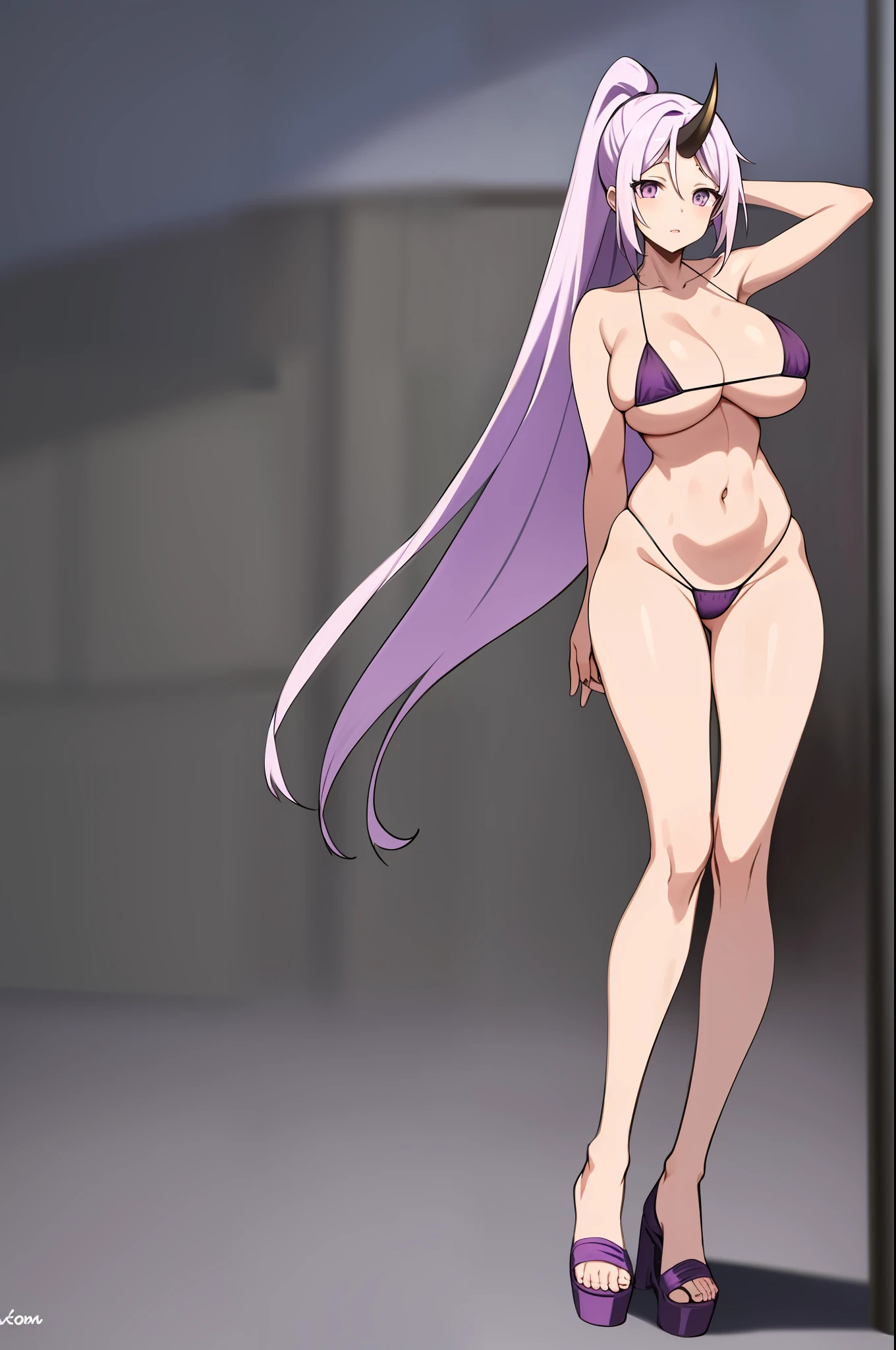 Shion
Shion 1 girl, breasts, cleavage, clavicle, horns, large_breasts, long_hair, open_mouth, ponytail, purple_eyes, purple_hair, single_horn, solo,very_long_hair,(Micro bikini:1.4), standing, full body, perfect anatomy, correct anatomy, perfect proportions, Perfect Face, Perfect Hand, Perfect Leg, Perfect Finger, Perfect Hand, Model Figure