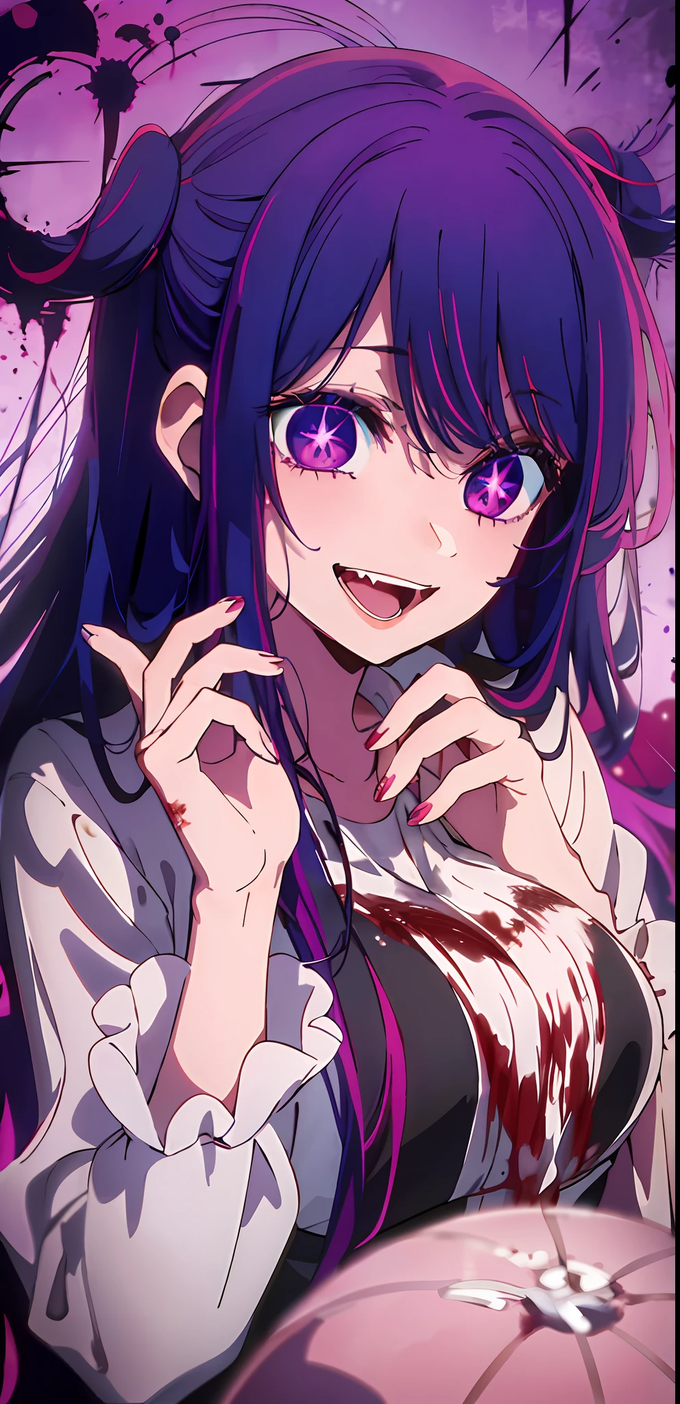 Original character , 1girl, (crazy smile:1.2) , long purple hair , bangs  , hands on face , blood splatter on face , purple and black color scheme, open mouth, (wide-eyed:1.2), glowing eyes , yandere, star shaped eyes, star shaped pupils