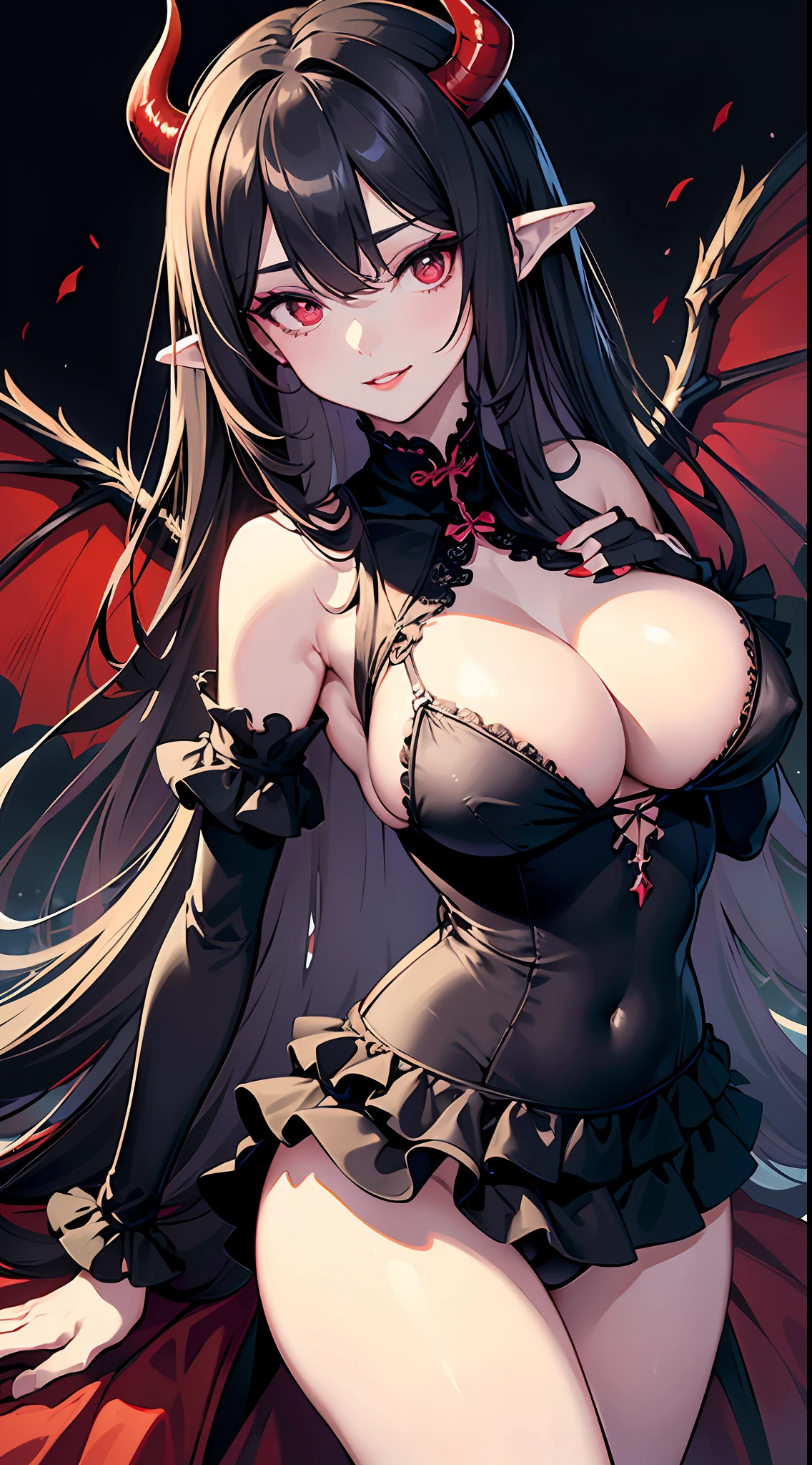 (finely detailed eyes and detailed face), skinny, narrow waist, a beautiful elegant noble dress, erotc negligee, (black frilled skirt:1.3),  a beautiful elegant noble dress, (frills:1.3), lace hair between eyes, (black bikini:1.3), (deep red eyes), sideboob

1girl, unparalleled masterpiece, ultra realistic 8k CG, (perfect female figure), mature female, milf, narrow waist, chinese deity, sexy pose, alluring, clean, beautiful face, pure face, absurdly long hair, (huge breasts), shiny skin, skindentation, lonely banquet hall, (masterpiece), (best quality), (best illustration:1.2), ultra detailed,  seductive pose,  very long bangs, hair over eyes, bare shoulders, bare neck, bat wings, black hair, cleavage, demon girl, black demon wings, large breasts, looking at viewer, low wings, parted lips, pointy ears, red eyes:1.2, eyelashes, wings, huge breasts, erect, erotic, detailed face, beautful face, detailed lips, red lips, tight clothes, thick thighs, beautiful thigh, seductive smile,