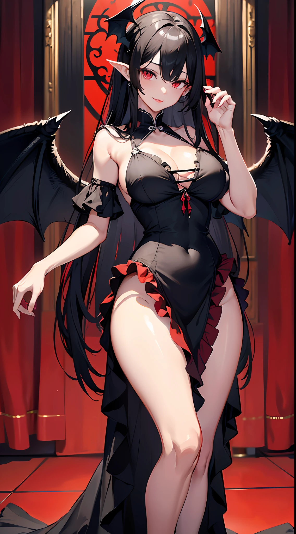(finely detailed eyes and detailed face), skinny, narrow waist, a beautiful elegant noble dress, erotc negligee, (black frilled skirt:1.3),  a beautiful elegant noble dress, (frills:1.3), lace hair between eyes, (black bikini:1.3), (deep red eyes), sideboob

1girl, unparalleled masterpiece, ultra realistic 8k CG, (perfect female figure), mature female, milf, narrow waist, chinese deity, sexy pose, alluring, clean, beautiful face, pure face, absurdly long hair, (huge breasts), shiny skin, skindentation, lonely banquet hall, (masterpiece), (best quality), (best illustration:1.2), ultra detailed,  seductive pose,  very long bangs, hair over eyes, bare shoulders, bare neck, bat wings, black hair, cleavage, demon girl, black demon wings, large breasts, looking at viewer, low wings, parted lips, pointy ears, red eyes:1.2, eyelashes, wings, huge breasts, erect, erotic, detailed face, beautful face, detailed lips, red lips, tight clothes, thick thighs, beautiful thigh, seductive smile,