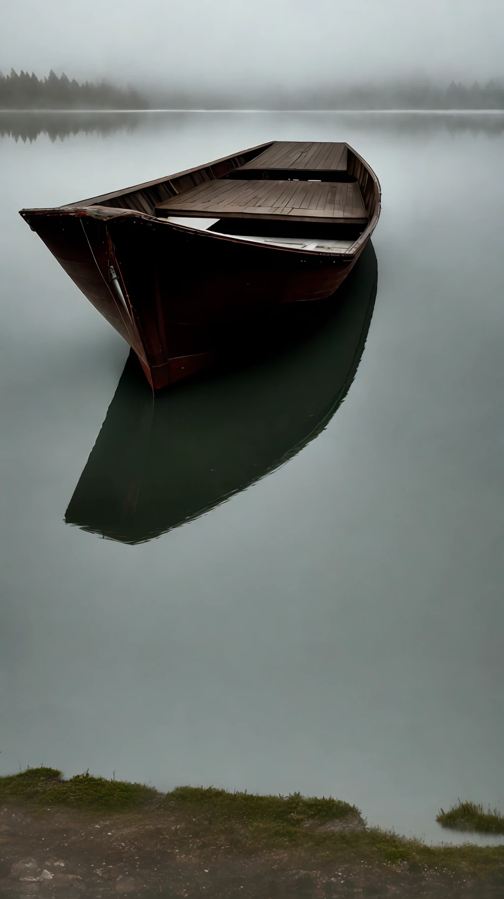 Empty boat drifts on a gloomy lake, with fog and mysterious, dark air