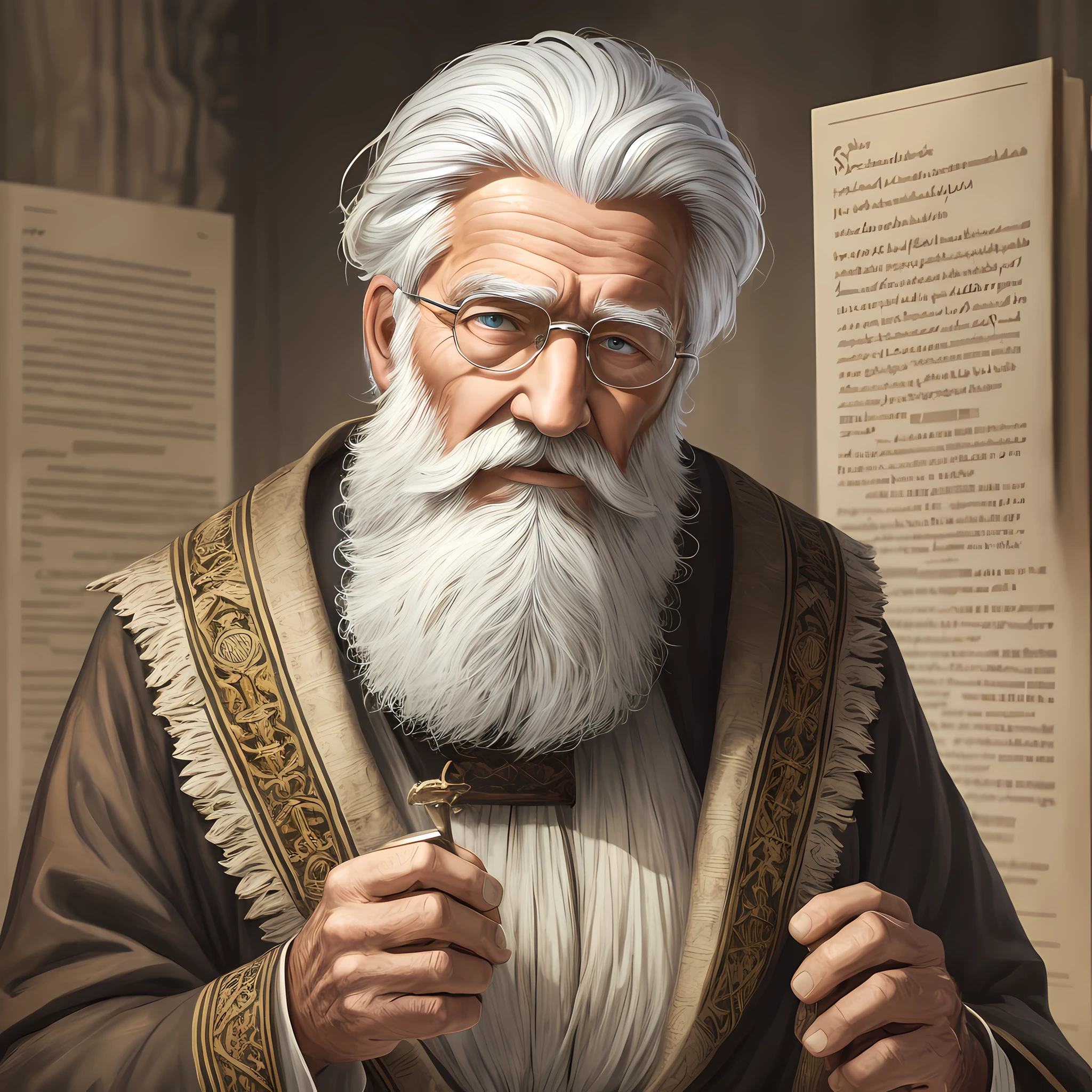 Wise old man with white hair and beard, with scripture in hand, high detail, super detail, 4K, 8k --auto --s2