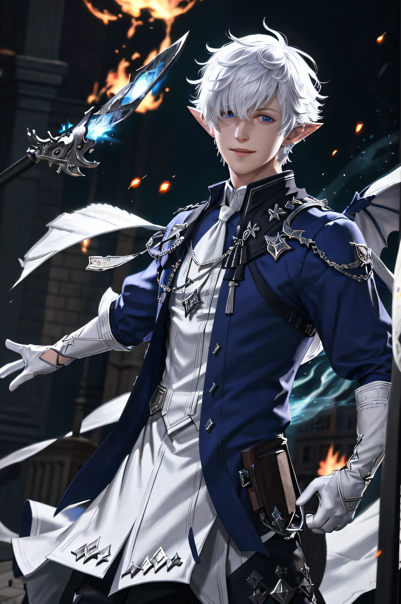 Alphinaud, looking at viewer,  gloves, jewelry, upper body, floating weapon,  floating object, magic, glowing, white gloves, hair over one eye,motion blur, explosions, fantasy background, embers, flames, dragons,  video game, octane render, specular highlights, detailed face, detailed eyes, detailed fabric, detailed skin, smiling