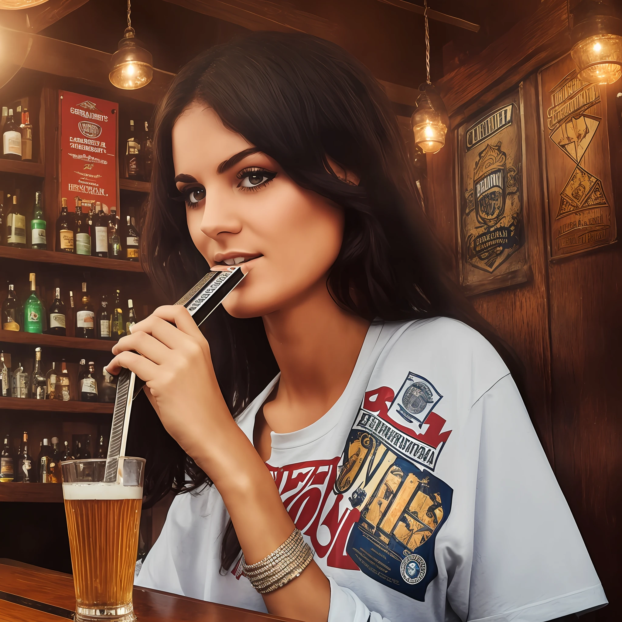 sensual woman with the Corinthians shirt playing harmonica in a PUB --auto --s2