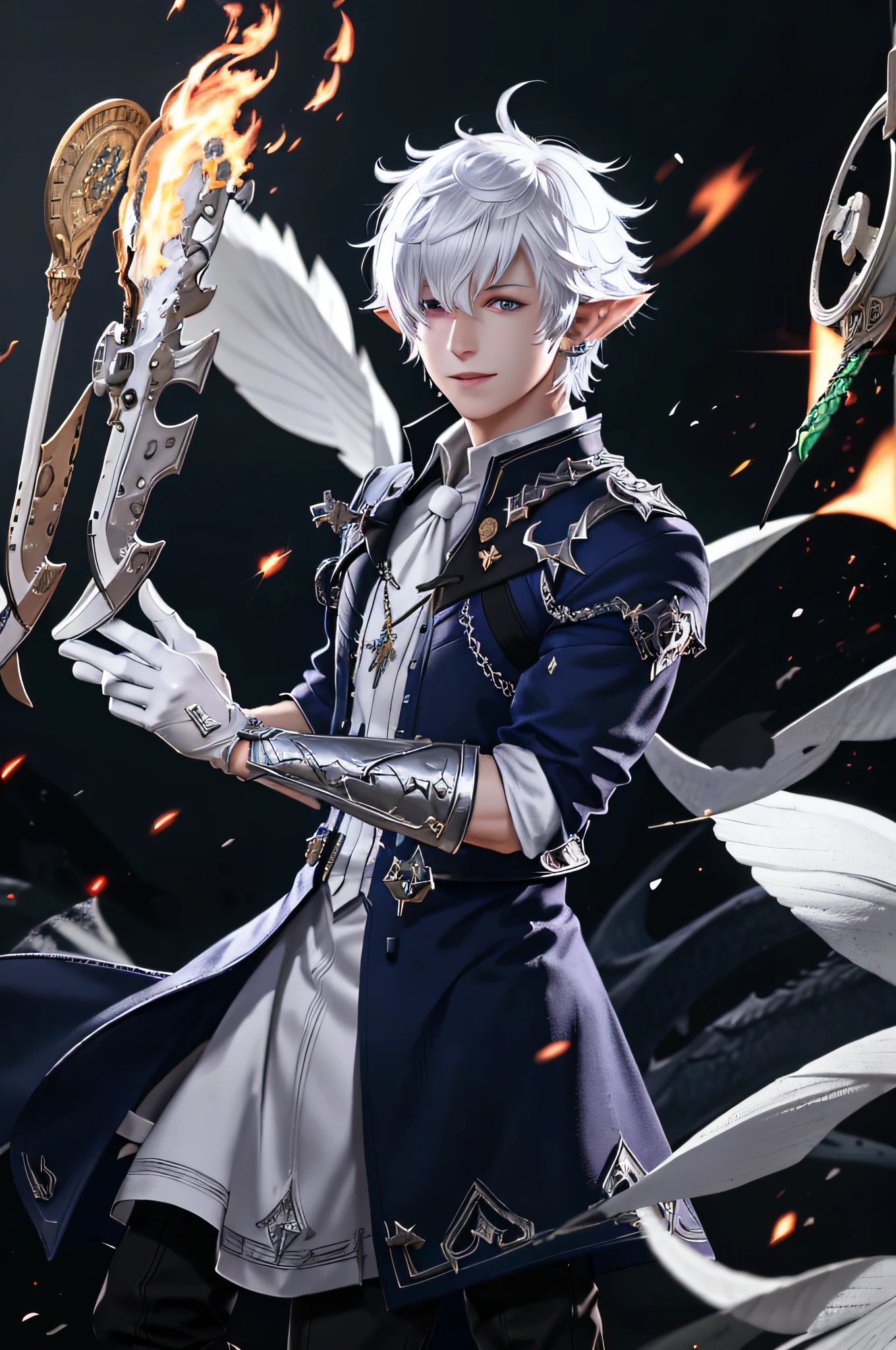 Alphinaud, looking at viewer,  gloves, jewelry, upper body, floating weapon,  floating object, magic, glowing, white gloves, hair over one eye,motion blur, explosions, fantasy background, embers, flames, dragons,  video game, octane render, specular highlights, detailed face, detailed eyes, detailed fabric, detailed skin, smiling