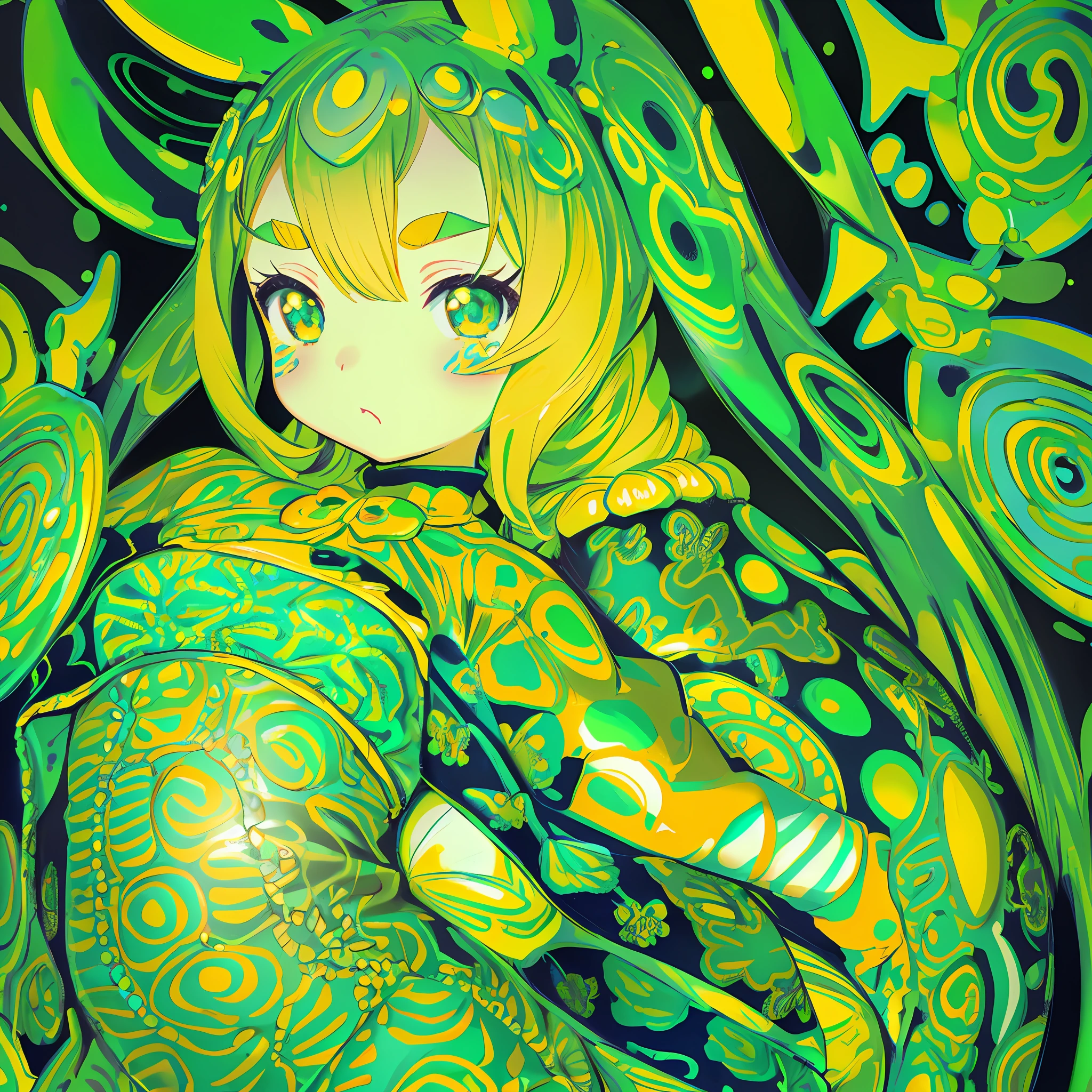 Yayoi Kusama, yellow-green and light blue, Yayoi Kusama tattoo, dress, small, female brat, thick eyebrows, thin waist, pigtails, beautiful blonde, braid, rabbit ears, (masterpiece), ((best quality)), (super detailed), girl, clean and detailed face, five fingers, textile shading, perfect human body structure, perfect anatomy,