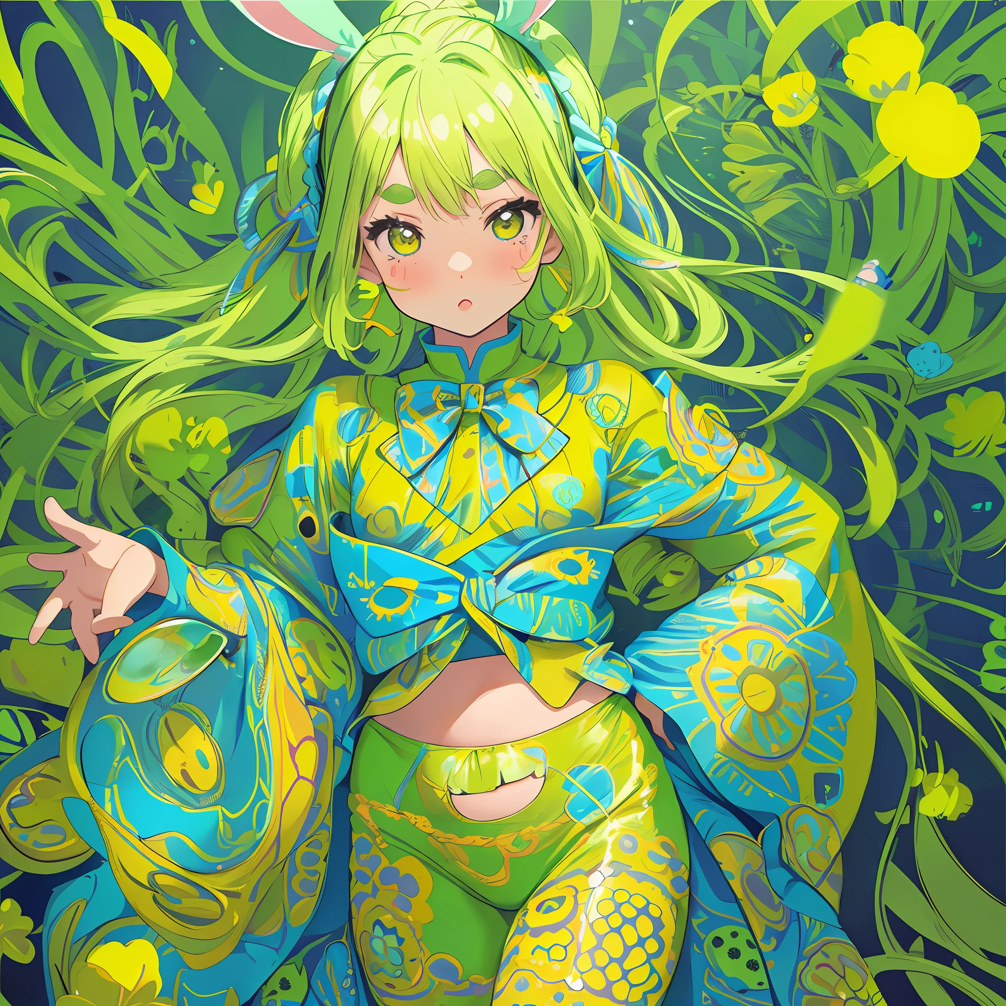 Yayoi Kusama, yellow-green and light blue, Yayoi Kusama tattoo, dress, small, female brat, thick eyebrows, thin waist, pigtails, beautiful blonde, braid, rabbit ears, (masterpiece), ((best quality)), (super detailed), girl, clean and detailed face, five fingers, textile shading, perfect human body structure, perfect anatomy,