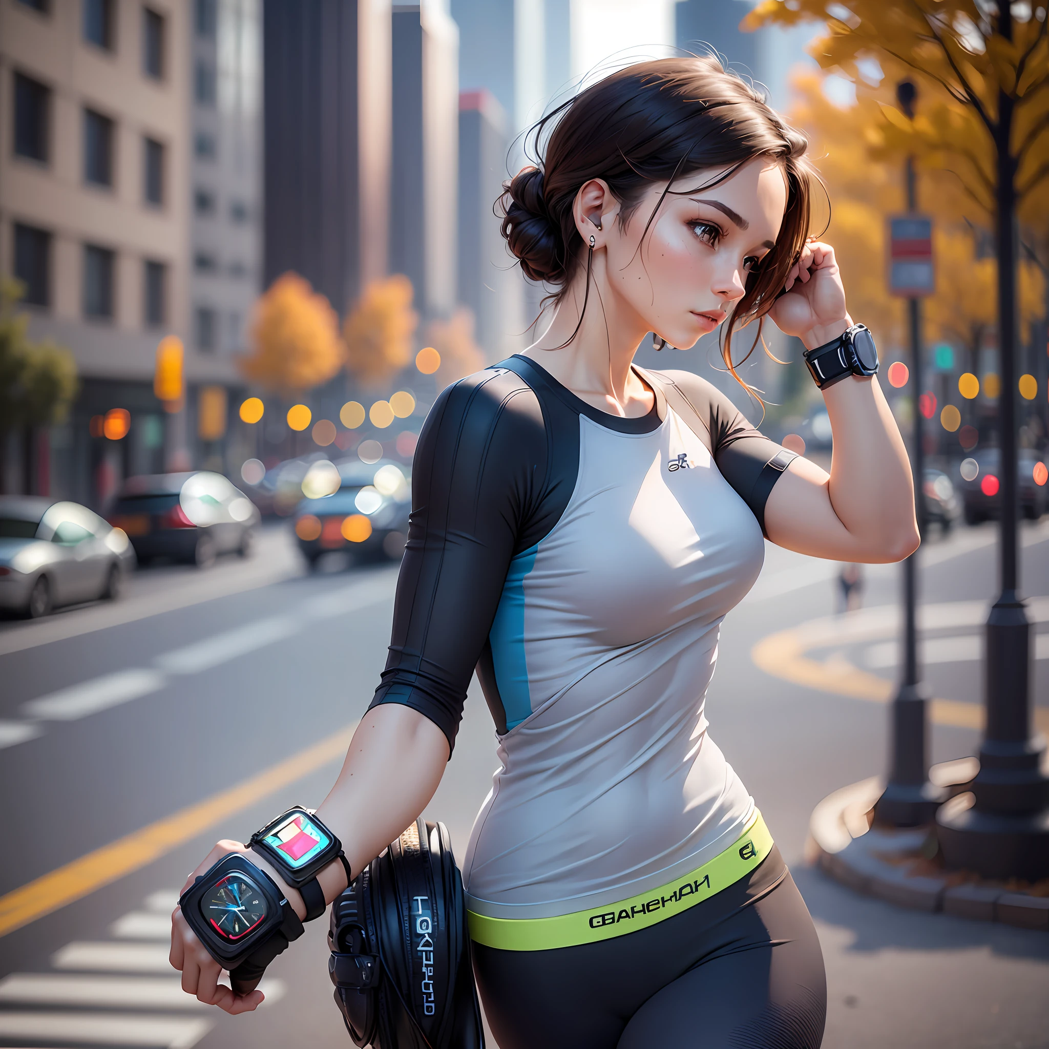 Beautiful woman wearing G-Shock on her arm, beautiful woman in tight sportswear, jogging on the greenway with delicate skin. She wears (((smartwatch))) in her right hand. ((from the side))), realism, textured skin, high quality --auto --s2