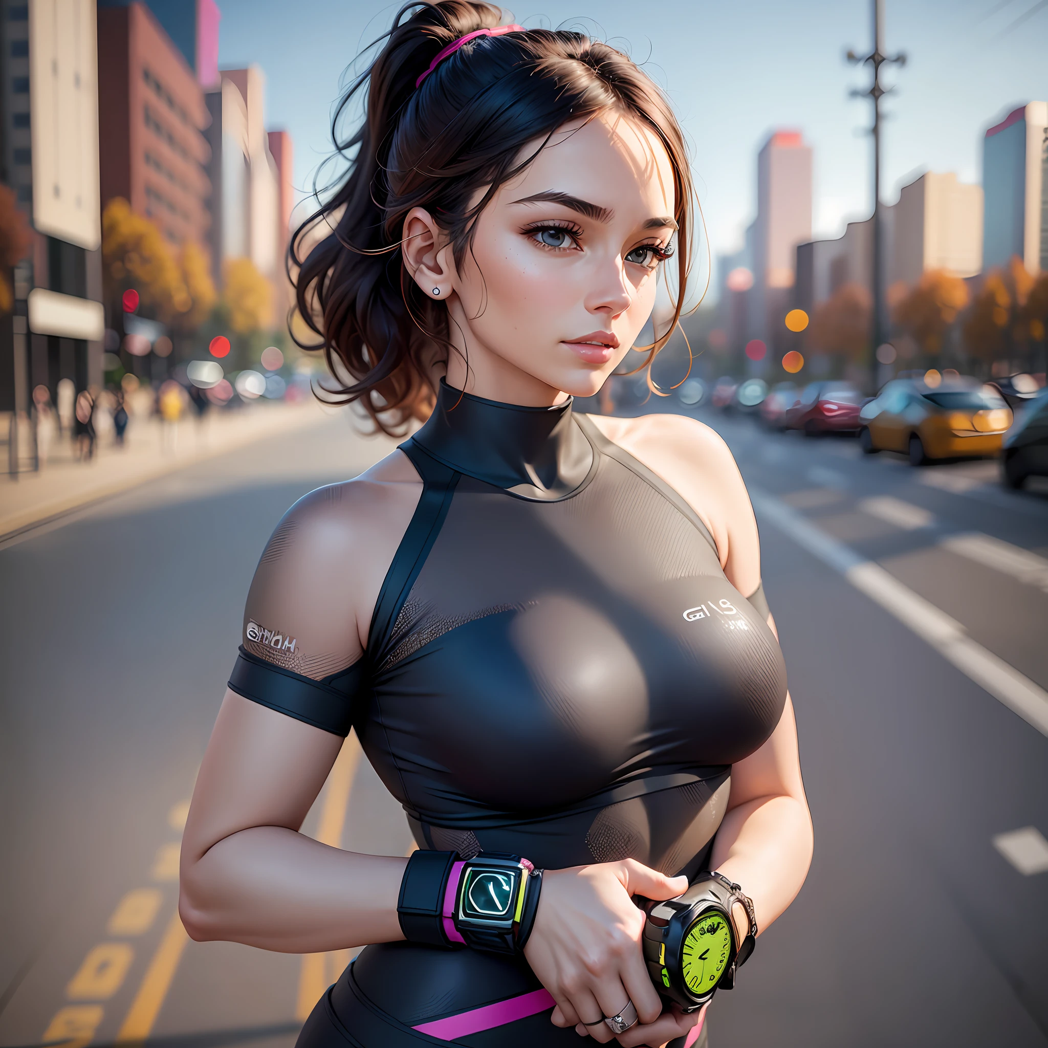 Beautiful woman wearing G-Shock on her arm, beautiful woman in tight sportswear, jogging on the greenway with delicate skin. She wears (((smartwatch))) in her right hand. ((from the side))), realism, textured skin, high quality --auto --s2