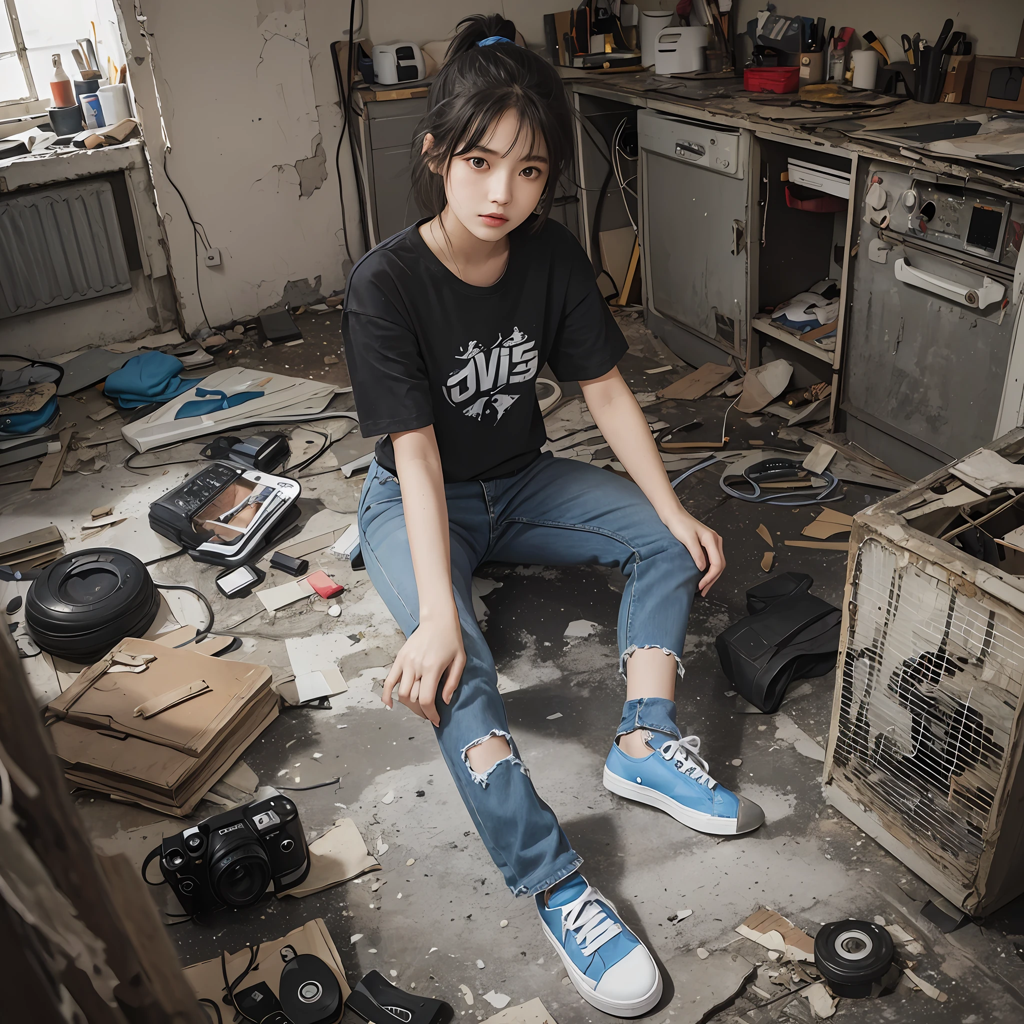girl, 15 years old, inside the destroyed house, black shirt, short black hair, camera view from above, from the front, torn light blue pants, allstar shoes --auto --s2